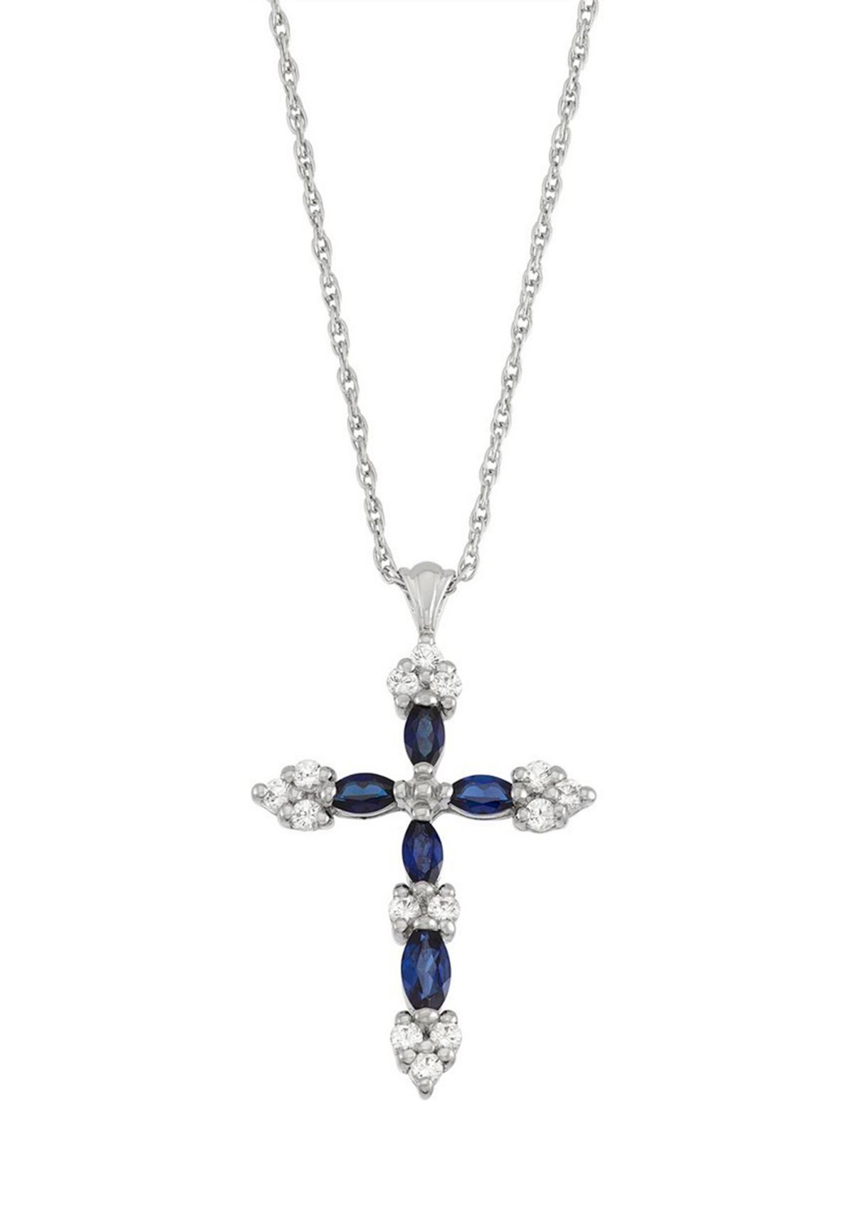 Blue & White Sapphire Classic Cross Pendant Necklace in Rhodium Plated Sterling Silver