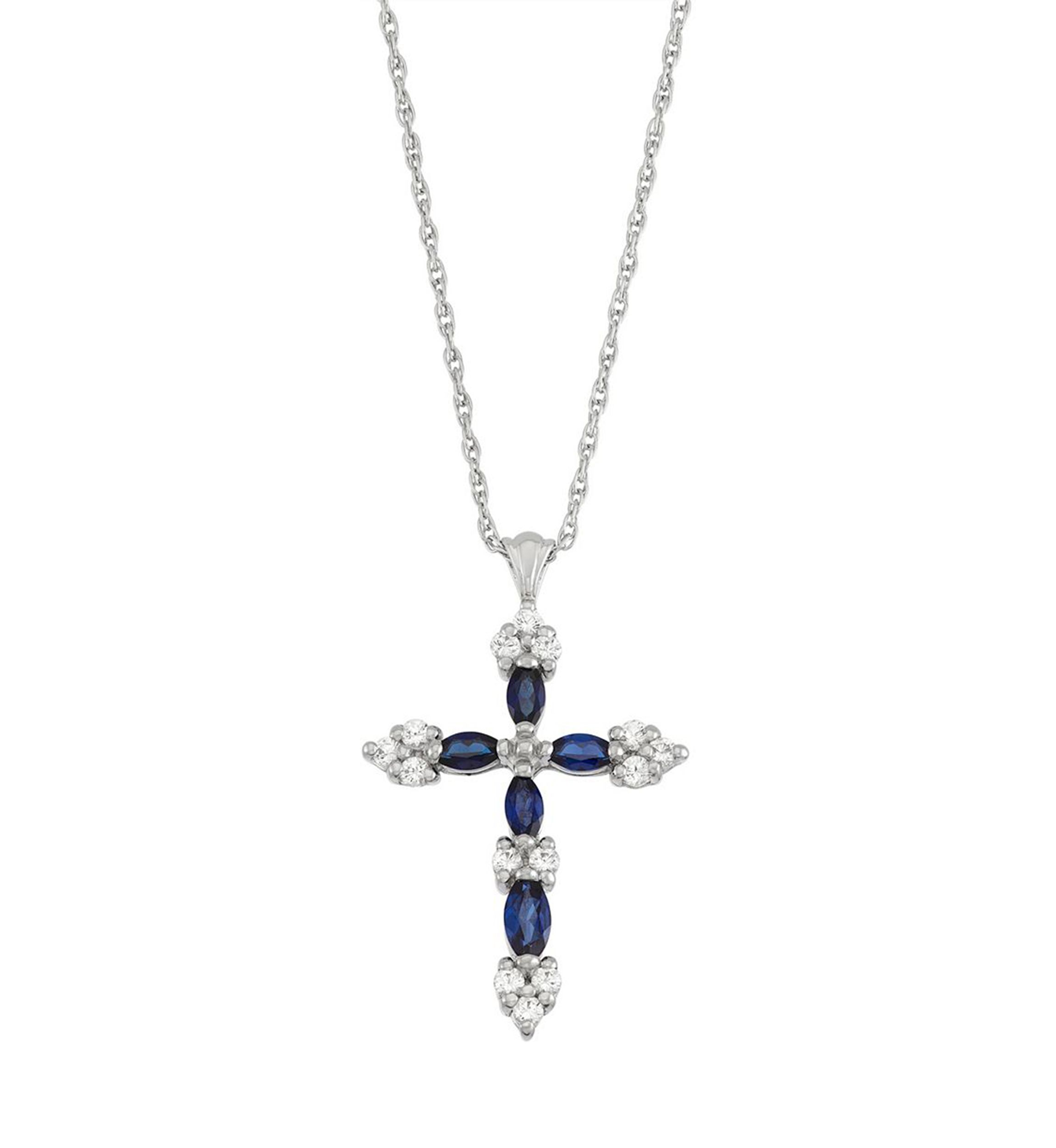 Blue & White Sapphire Classic Cross Pendant Necklace in Rhodium Plated Sterling Silver