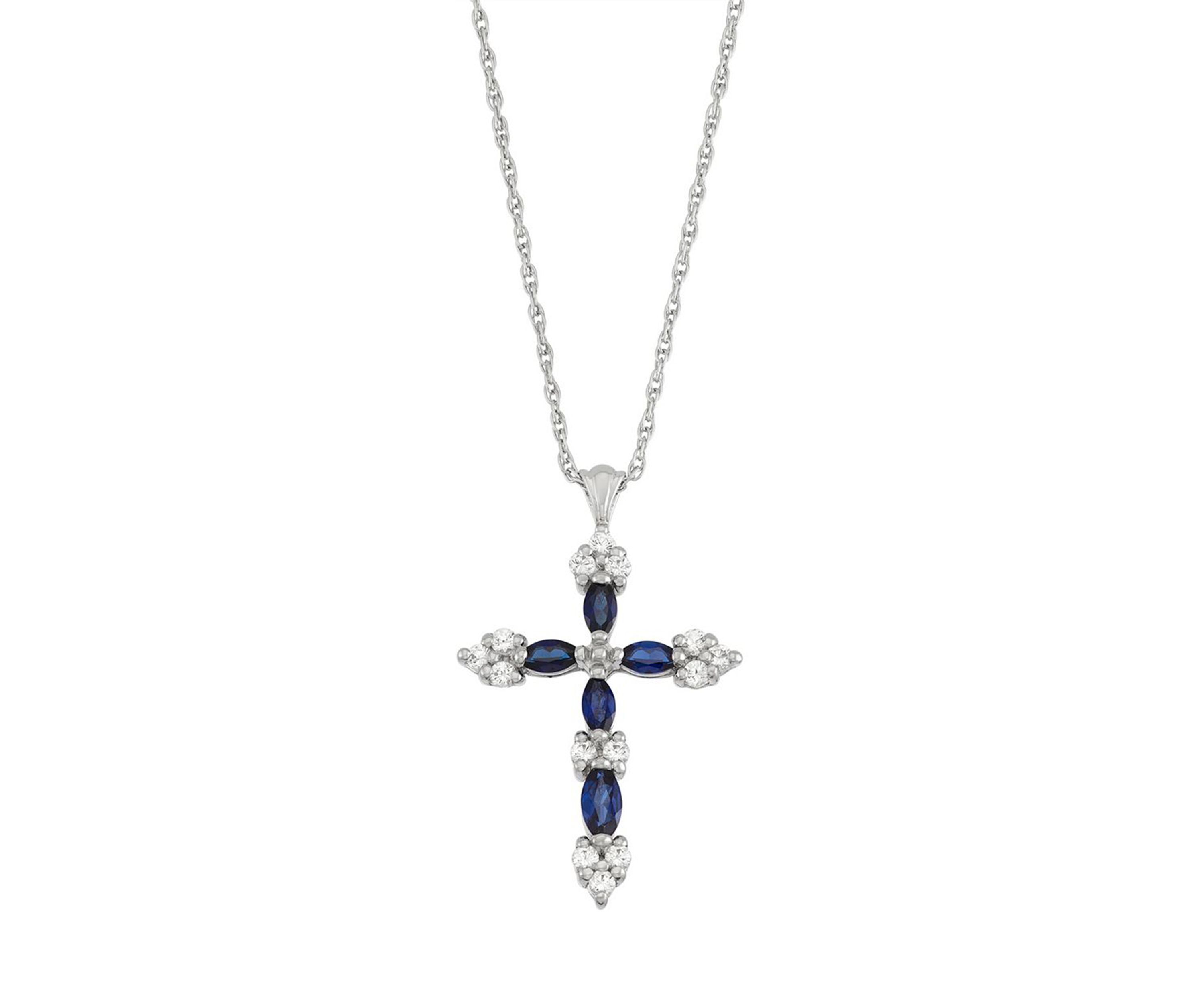 Blue & White Sapphire Classic Cross Pendant Necklace in Rhodium Plated Sterling Silver