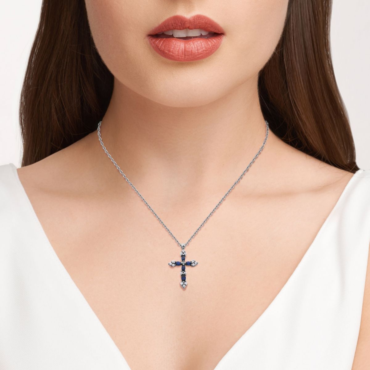 Blue & White Sapphire Classic Cross Pendant Necklace in Rhodium Plated Sterling Silver