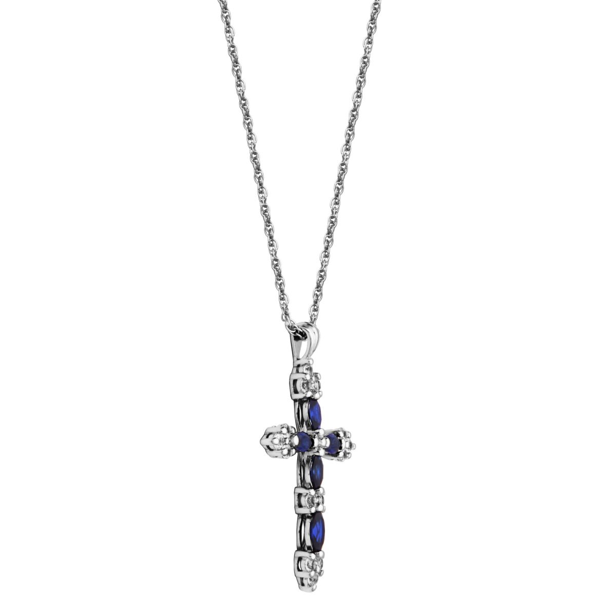 Blue & White Sapphire Classic Cross Pendant Necklace in Rhodium Plated Sterling Silver