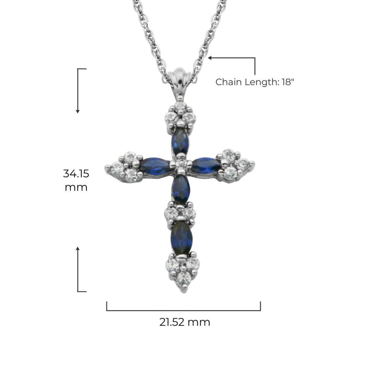 Blue & White Sapphire Classic Cross Pendant Necklace in Rhodium Plated Sterling Silver