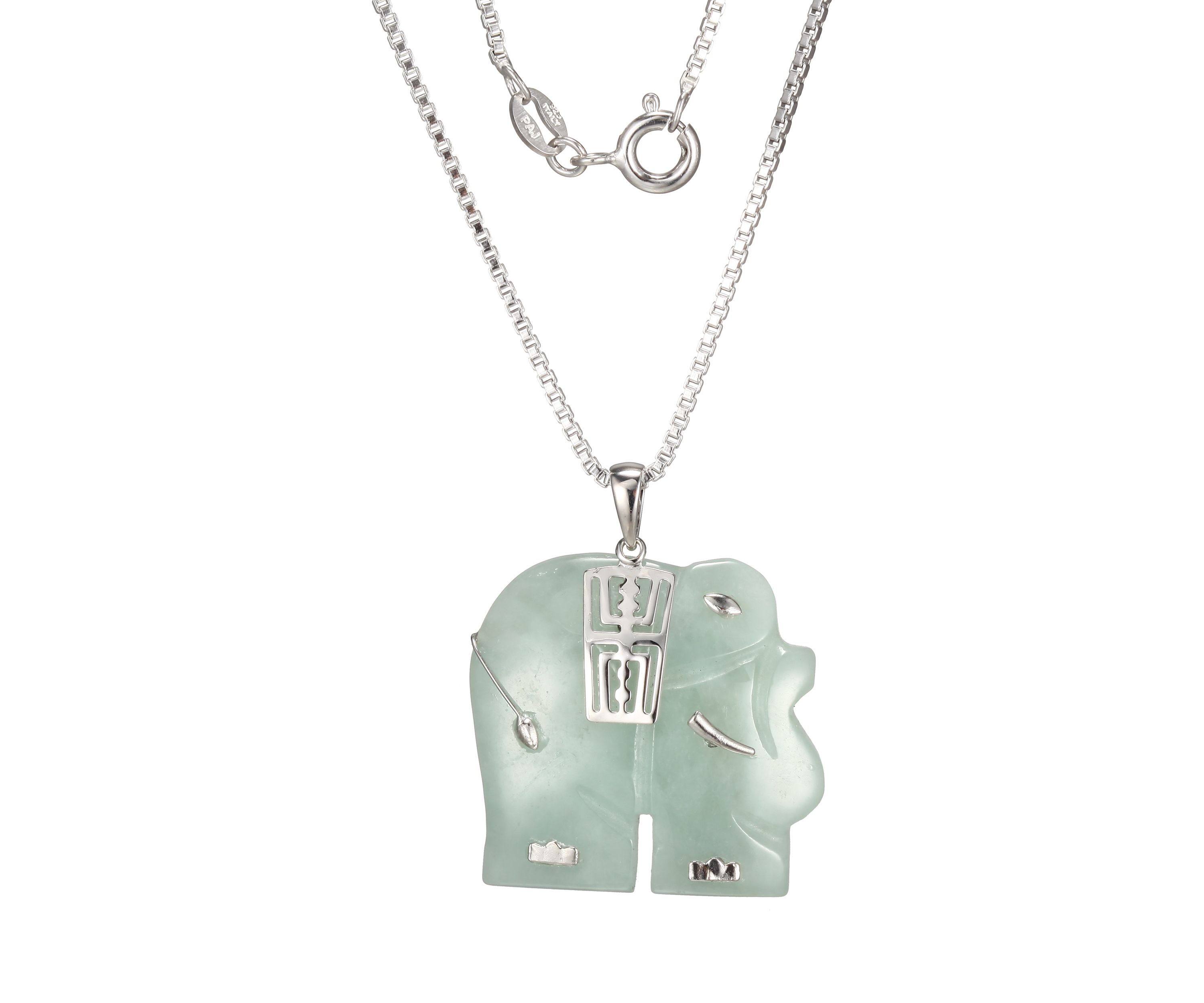 Green Jade Elephant Pendant Necklace in Sterling Silver