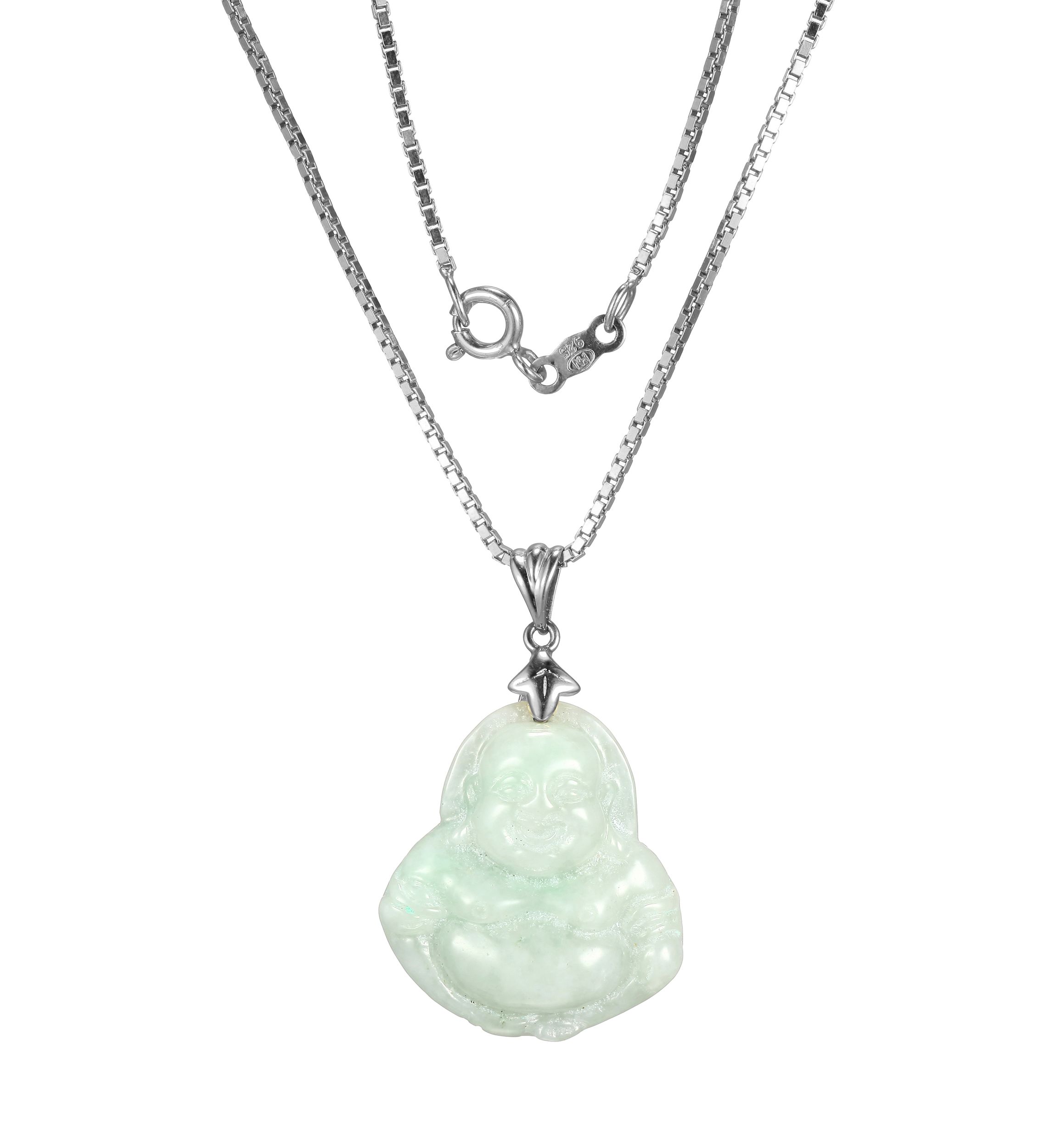 Green Jade Buddha Pendant Necklace in Sterling Silver
