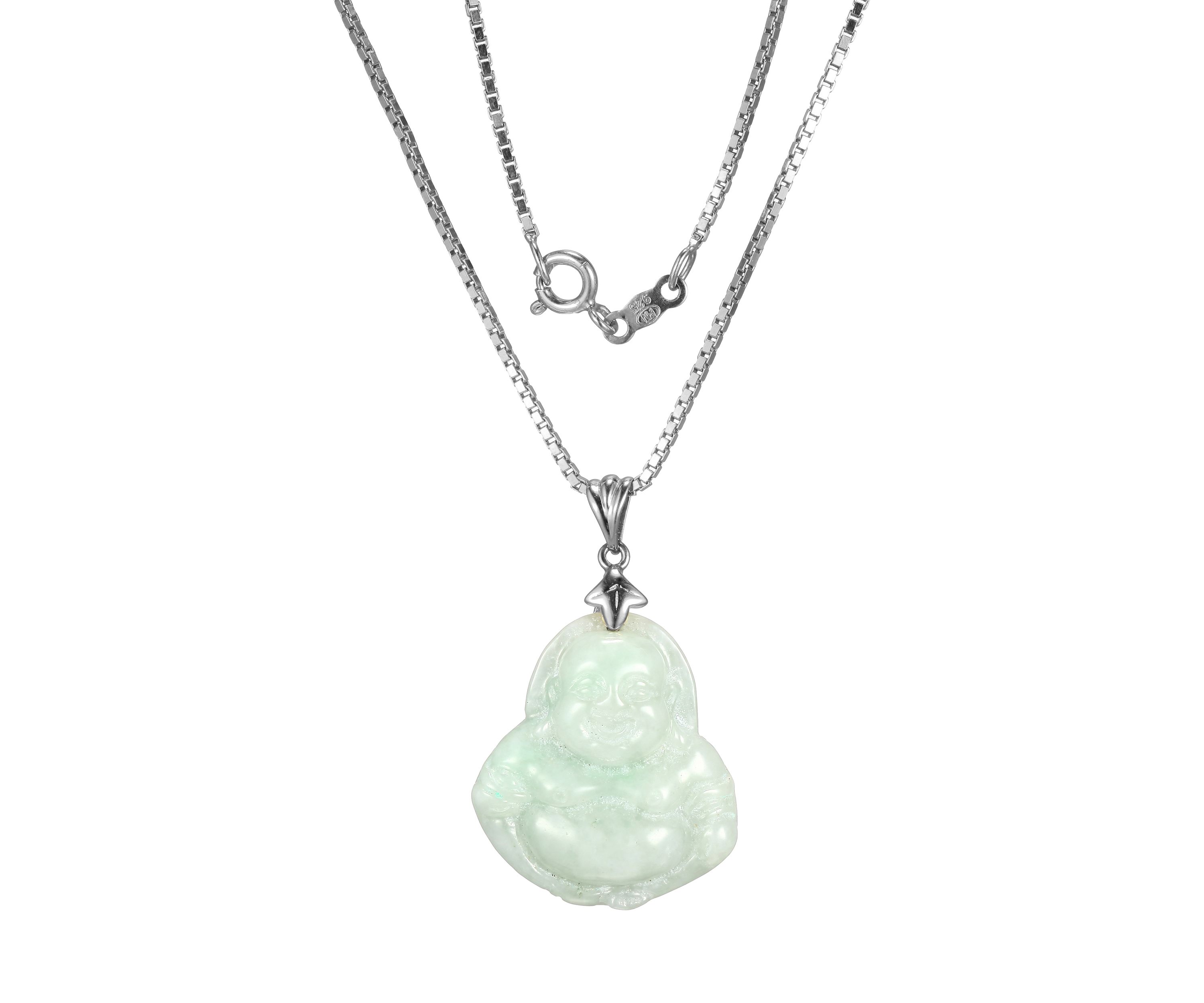 Green Jade Buddha Pendant Necklace in Sterling Silver