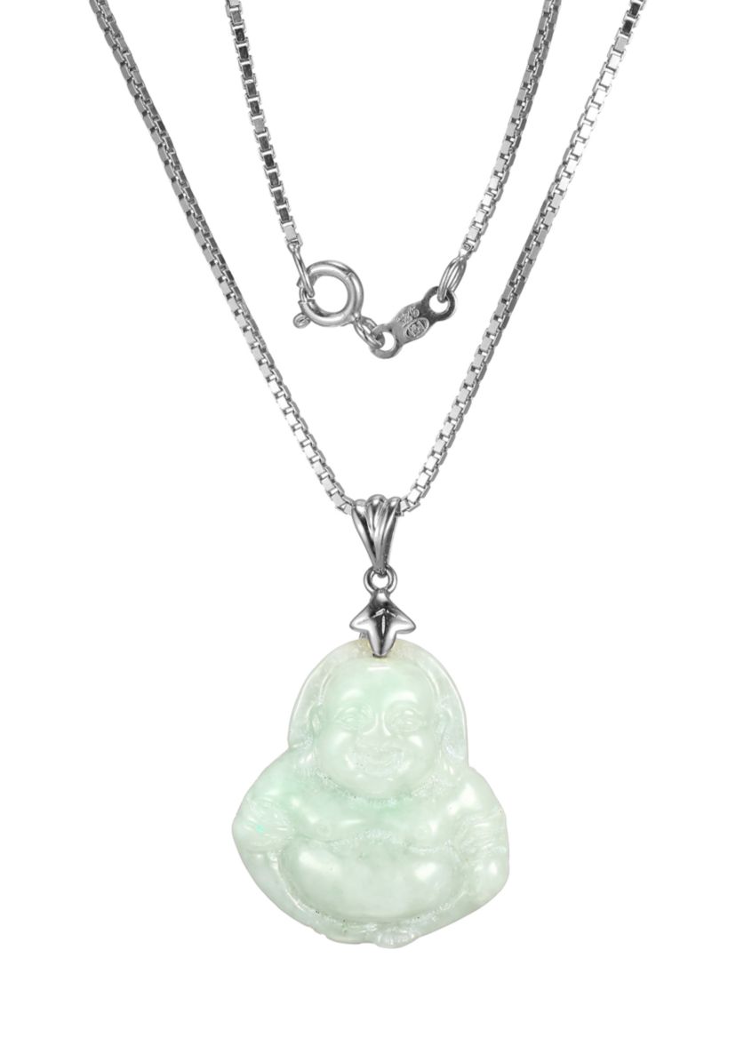 Green Jade Buddha Pendant Necklace in Sterling Silver