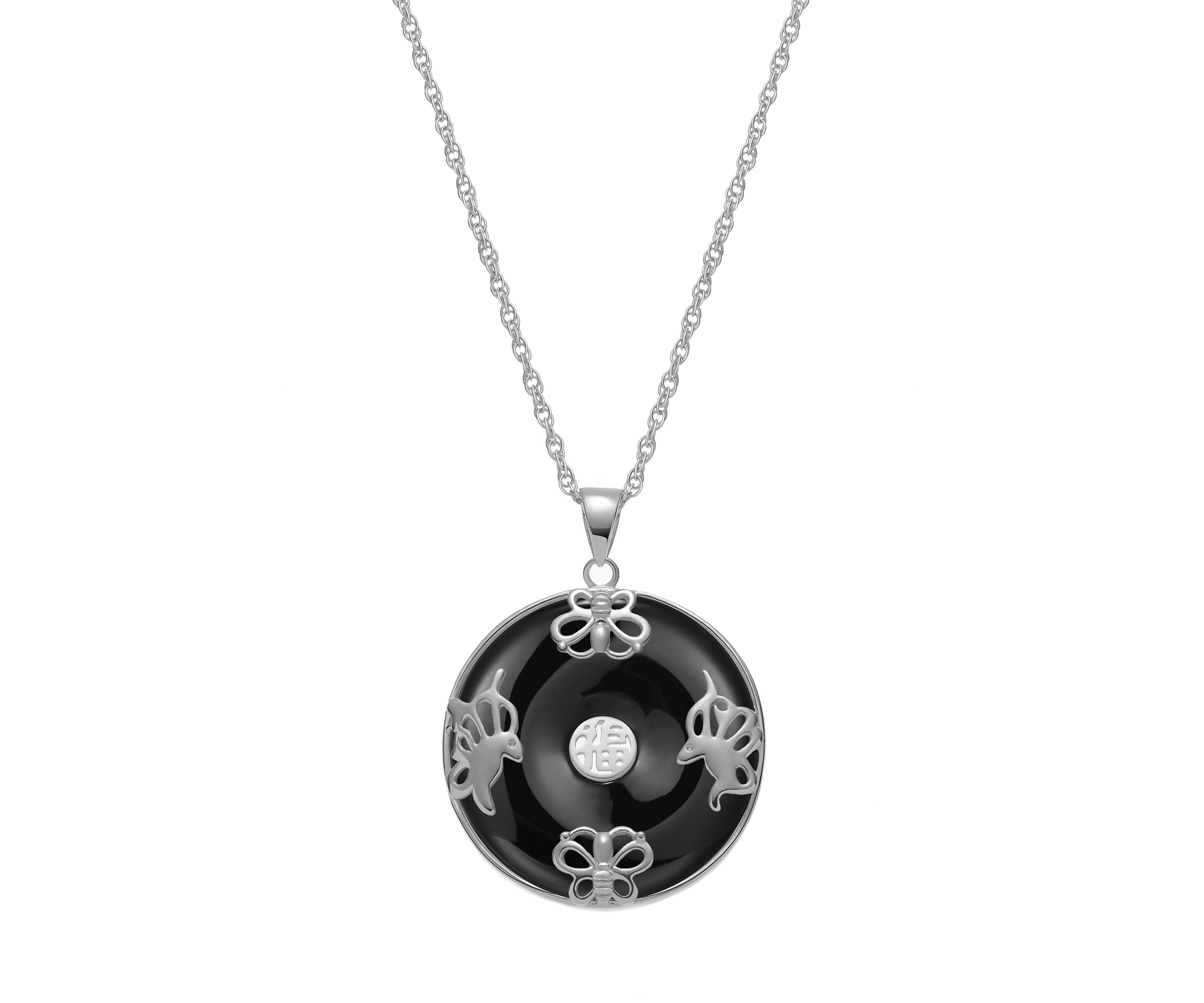 Black Onyx Circle Necklace in 18K Gold Plated or Rhodium Sterling Silver