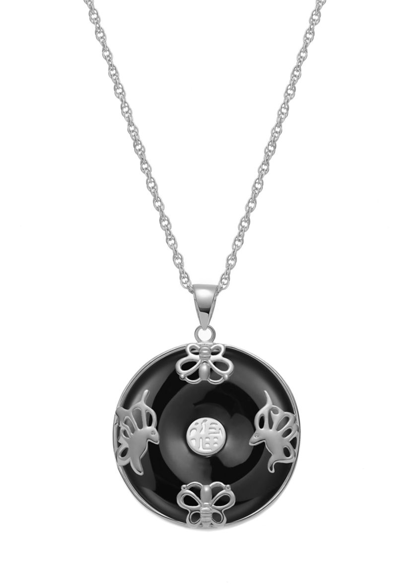 Black Onyx Circle Necklace in 18K Gold Plated or Rhodium Sterling Silver