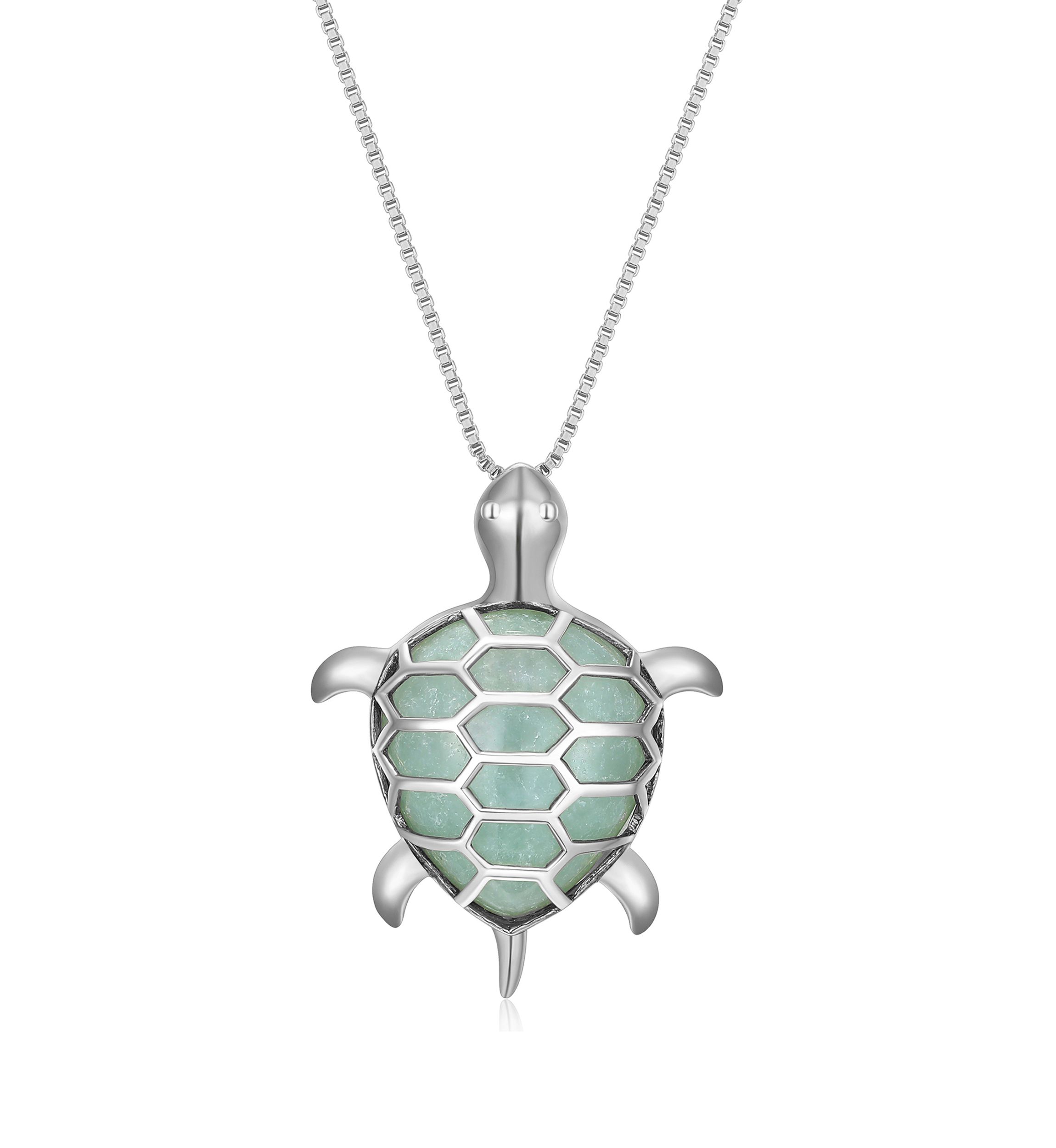 Genuine Jade Turtle Pendant Necklace In Rhodium Plated Sterling Silver