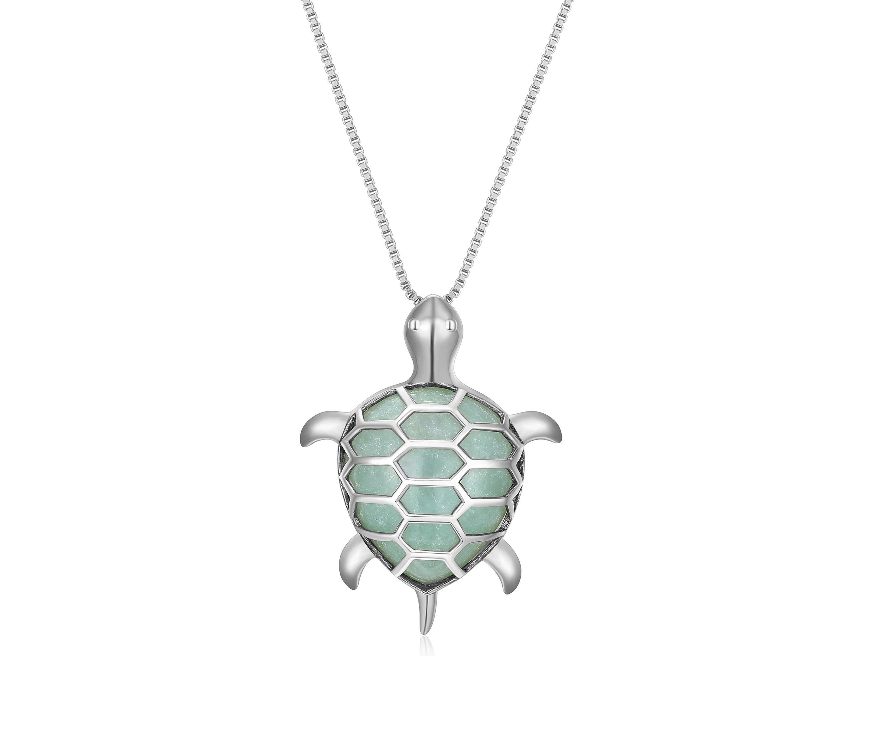 Genuine Jade Turtle Pendant Necklace In Rhodium Plated Sterling Silver