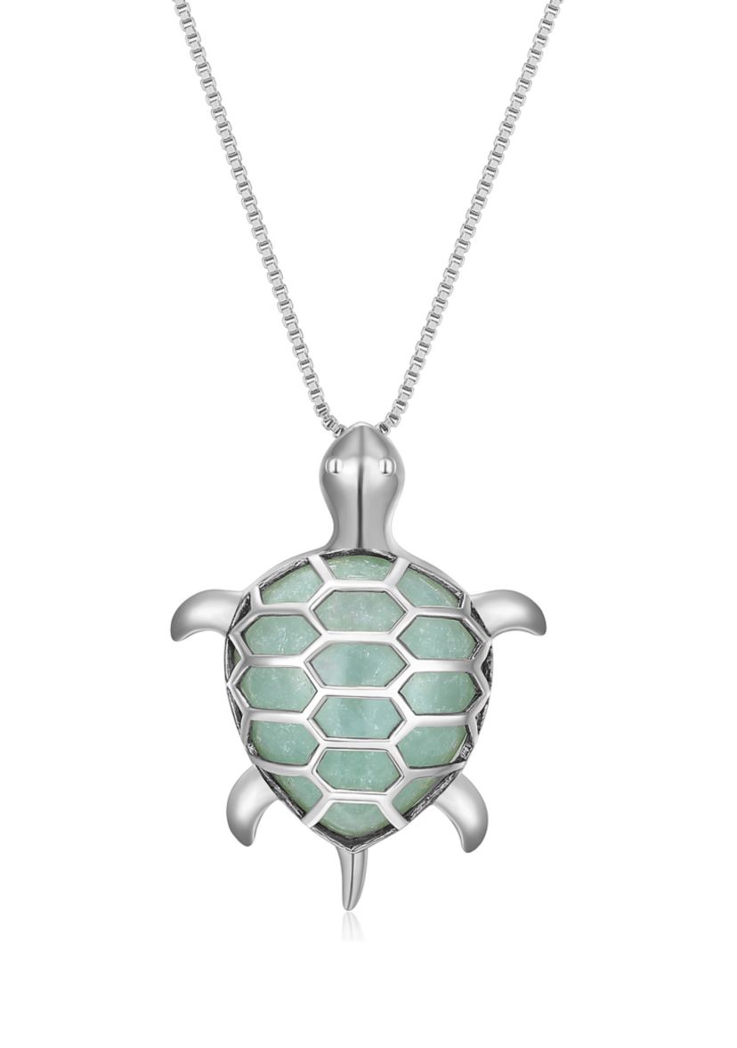 Genuine Jade Turtle Pendant Necklace In Rhodium Plated Sterling Silver