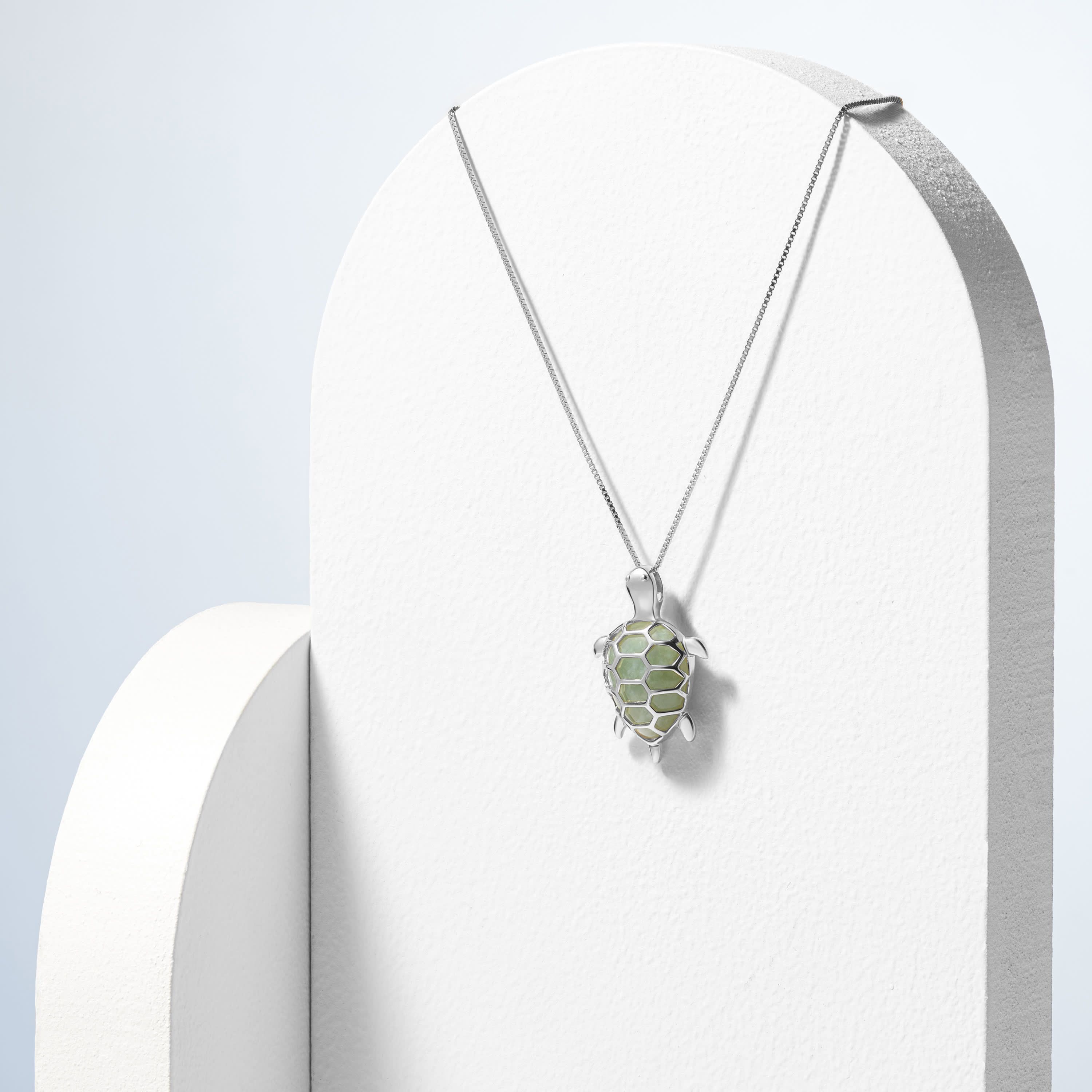 Genuine Jade Turtle Pendant Necklace In Rhodium Plated Sterling Silver