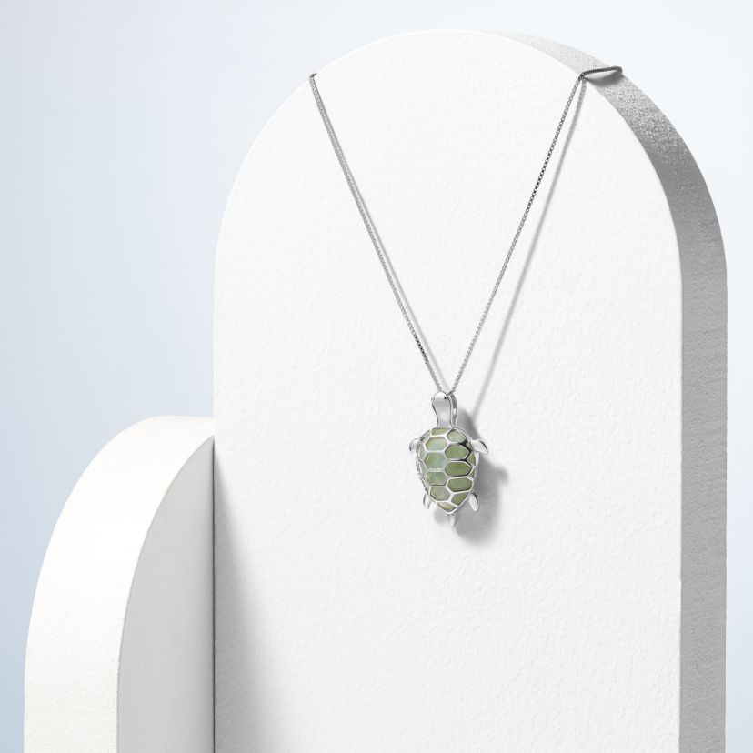 Genuine Jade Turtle Pendant Necklace In Rhodium Plated Sterling Silver
