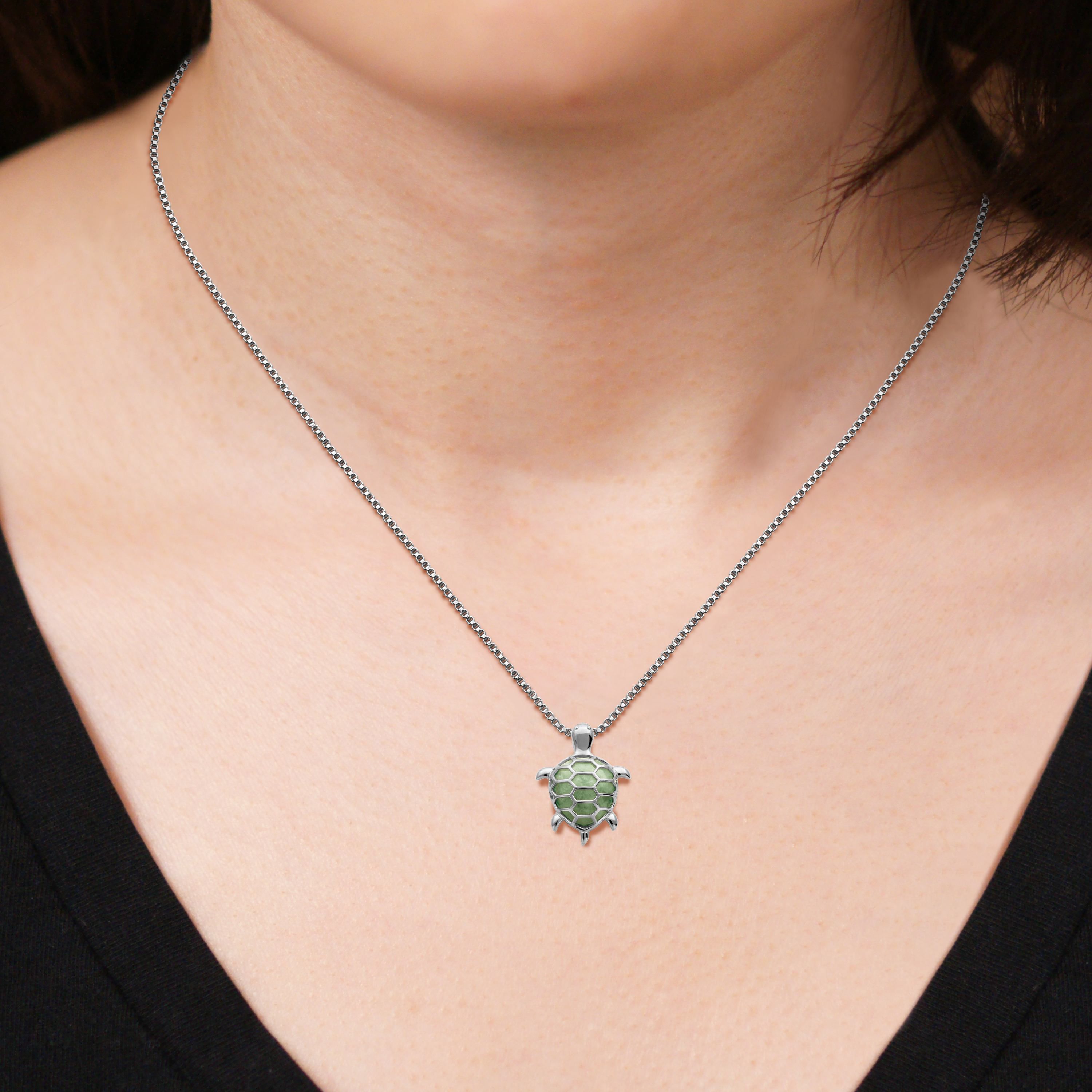 Genuine Jade Turtle Pendant Necklace In Rhodium Plated Sterling Silver
