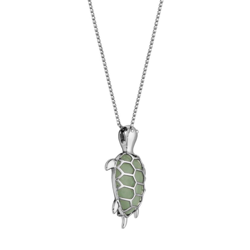 Genuine Jade Turtle Pendant Necklace In Rhodium Plated Sterling Silver