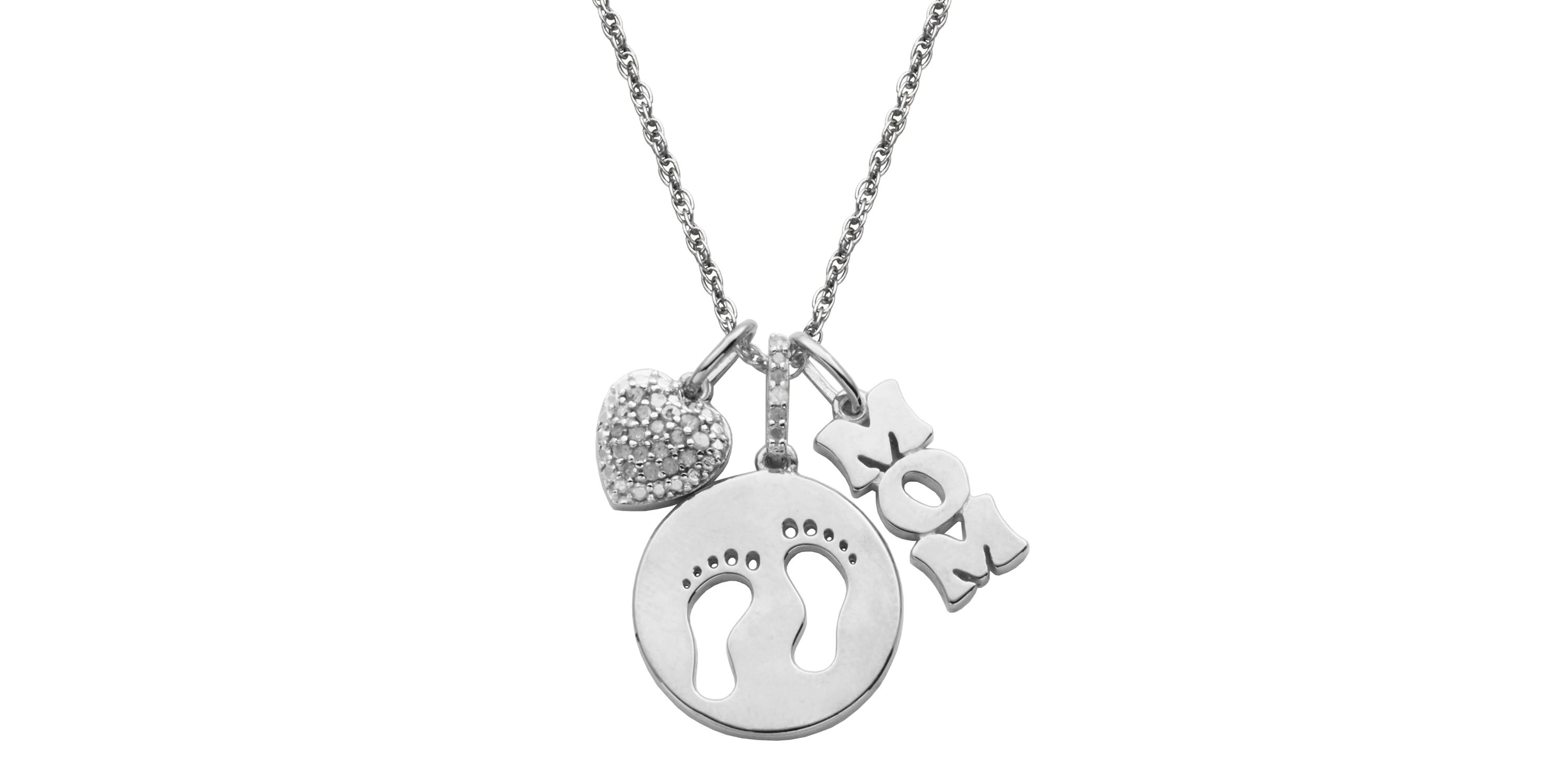 Diamond Accent Multi Charm Mom Necklace in Rhodium Plated Sterling Silver