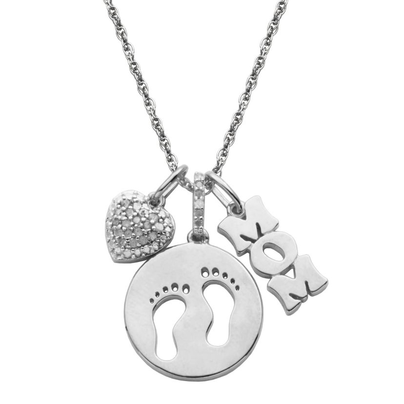 Diamond Accent Multi Charm Mom Necklace in Rhodium Plated Sterling Silver