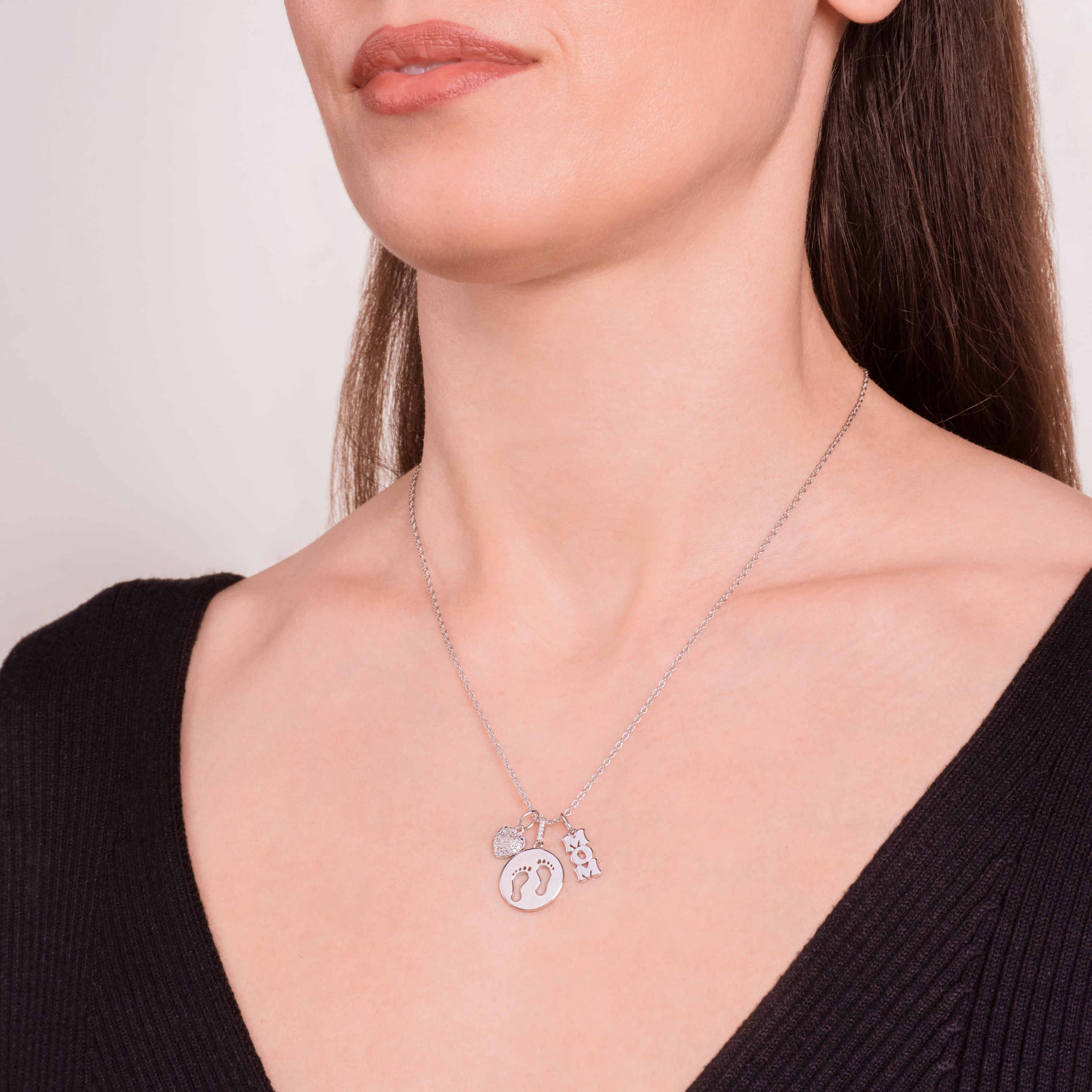 Diamond Accent Multi Charm Mom Necklace in Rhodium Plated Sterling Silver