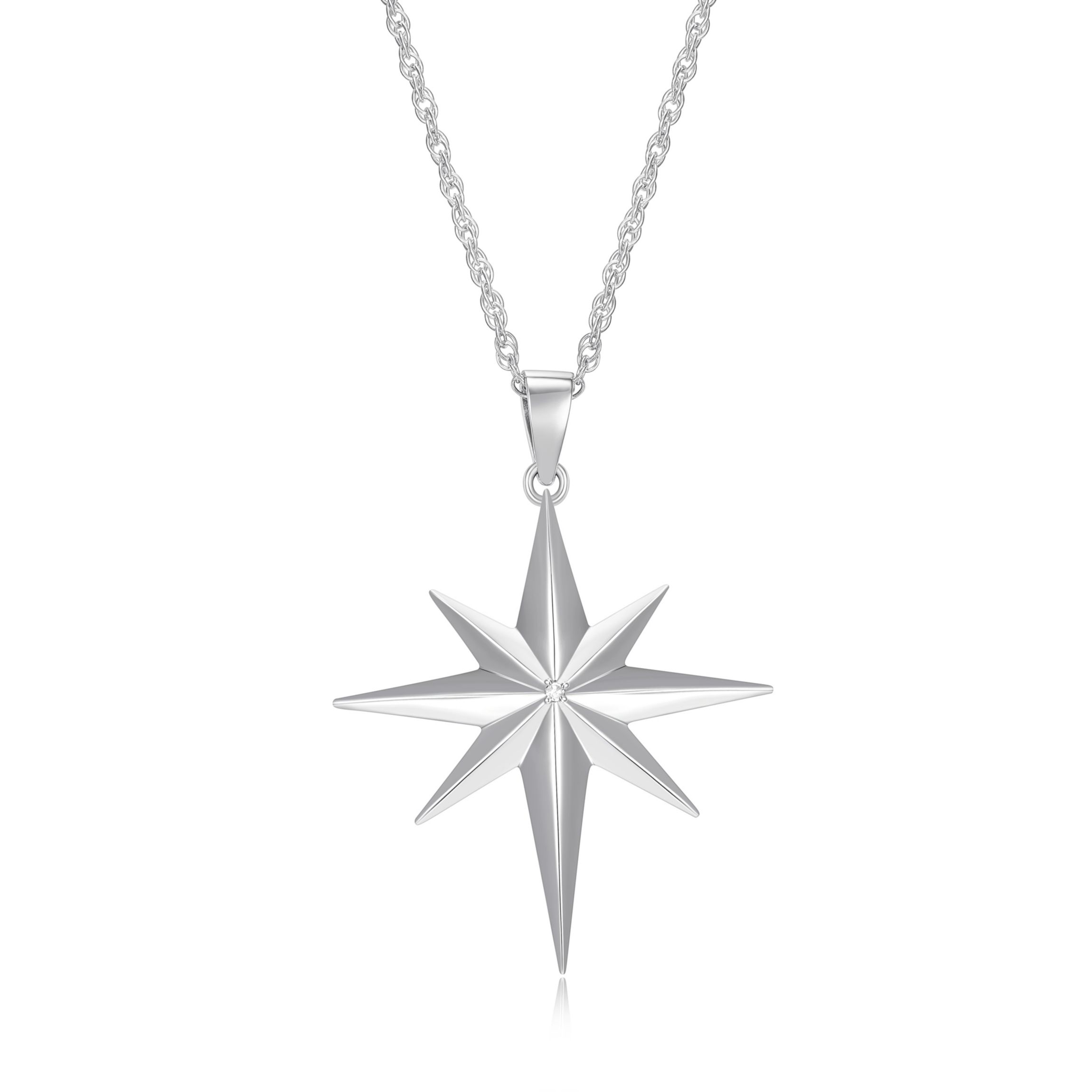 Diamond Accent North Star Pendant Necklace in Rhodium Plated Sterling Silver with 18" Rope Chain