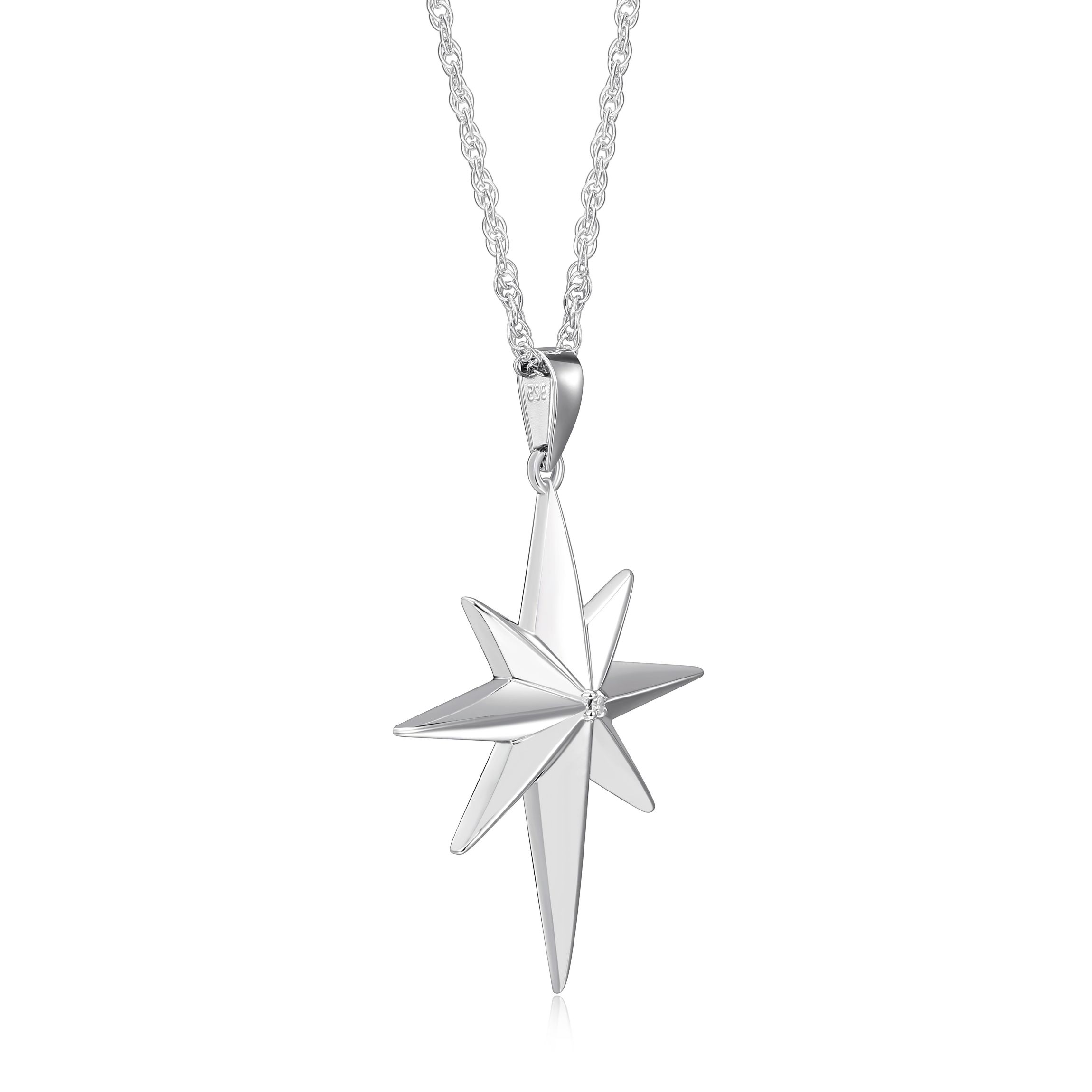 Diamond Accent North Star Pendant Necklace in Rhodium Plated Sterling Silver with 18" Rope Chain