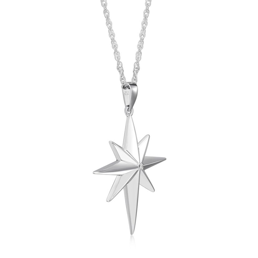 Diamond Accent North Star Pendant Necklace in Rhodium Plated Sterling Silver with 18" Rope Chain