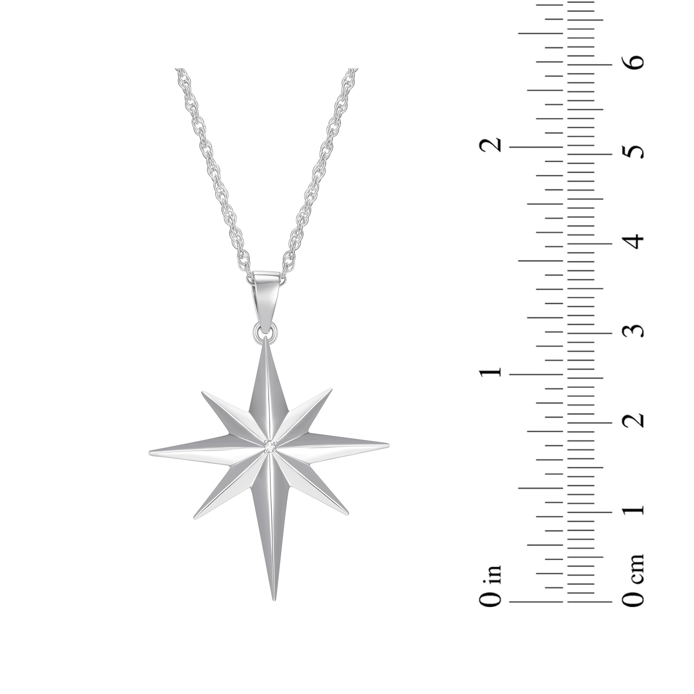 Diamond Accent North Star Pendant Necklace in Rhodium Plated Sterling Silver with 18" Rope Chain