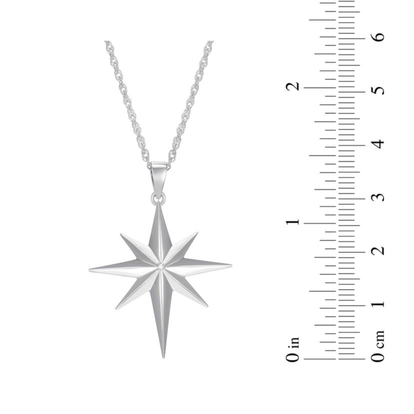 Diamond Accent North Star Pendant Necklace in Rhodium Plated Sterling Silver with 18" Rope Chain