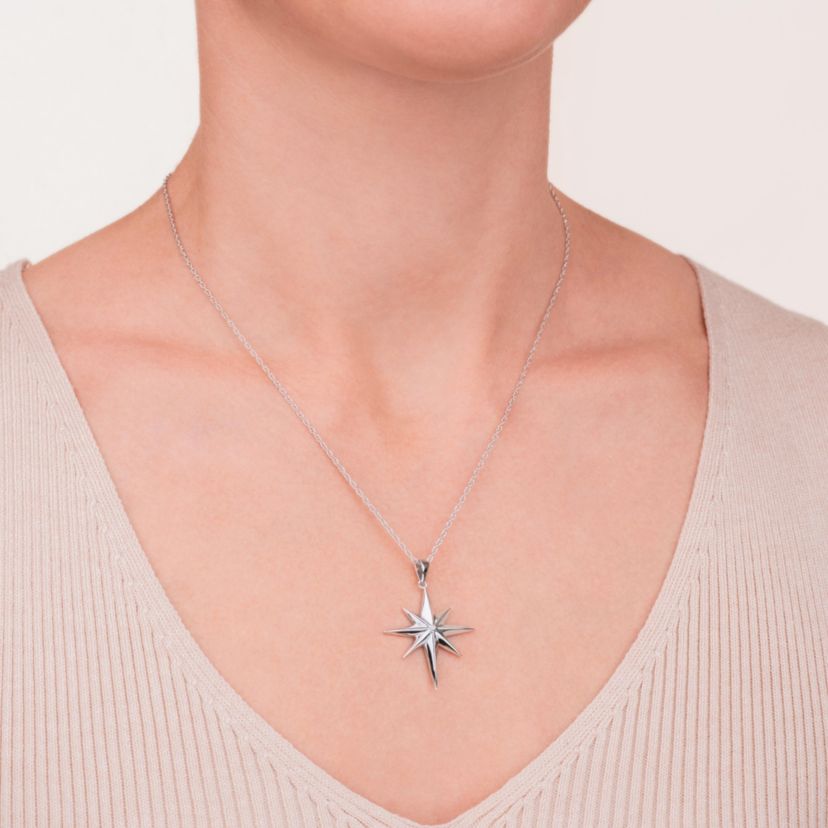 Diamond Accent North Star Pendant Necklace in Rhodium Plated Sterling Silver with 18" Rope Chain