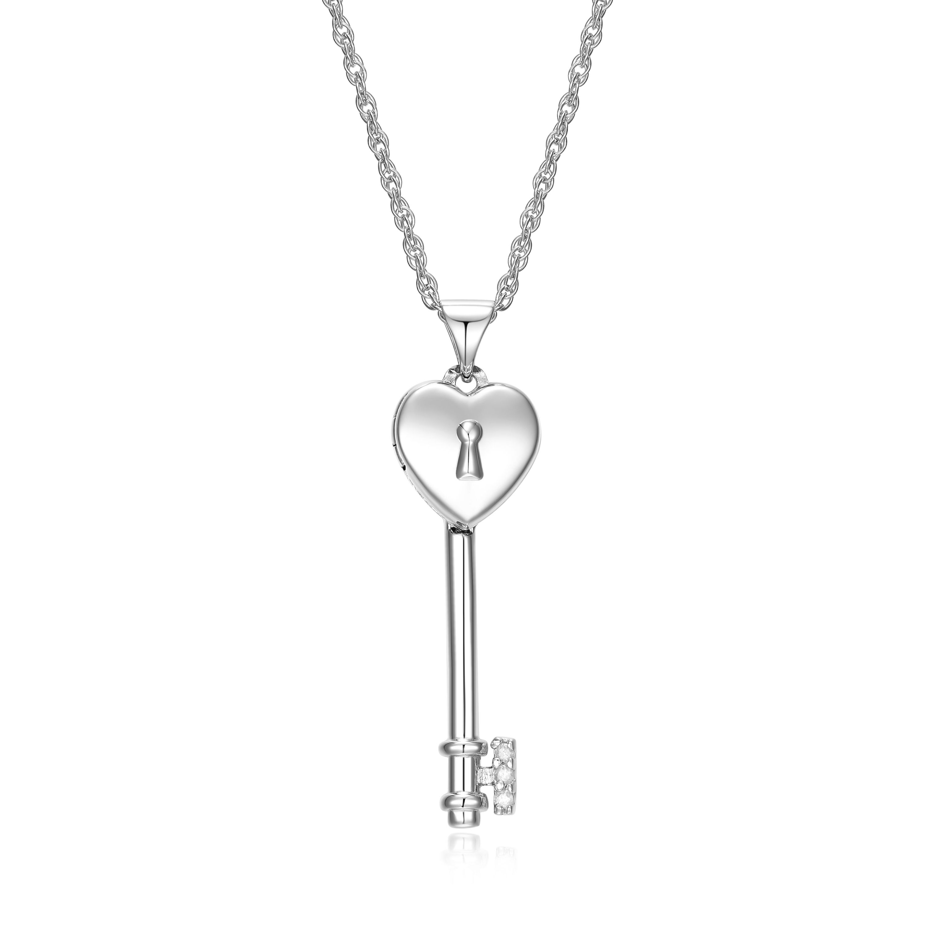 Diamond Accent Heart Key Locket Pendant in Rhodium Plated Sterling Silver with 18" Rope Chain