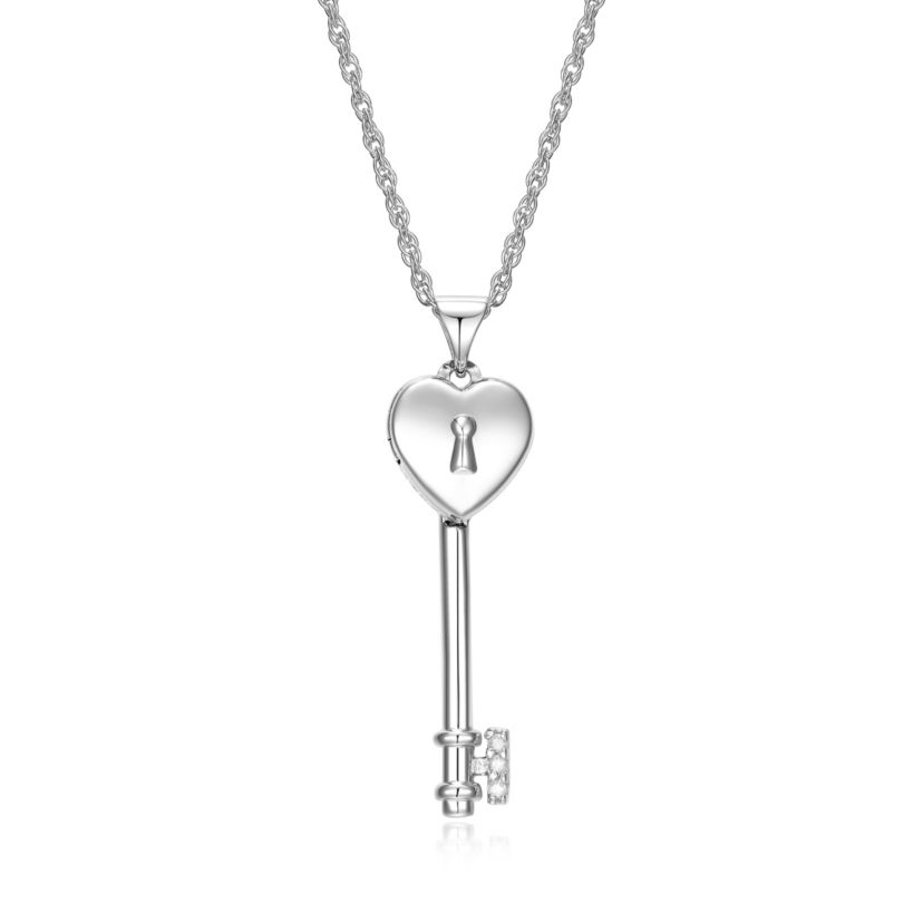 Diamond Accent Heart Key Locket Pendant in Rhodium Plated Sterling Silver with 18" Rope Chain