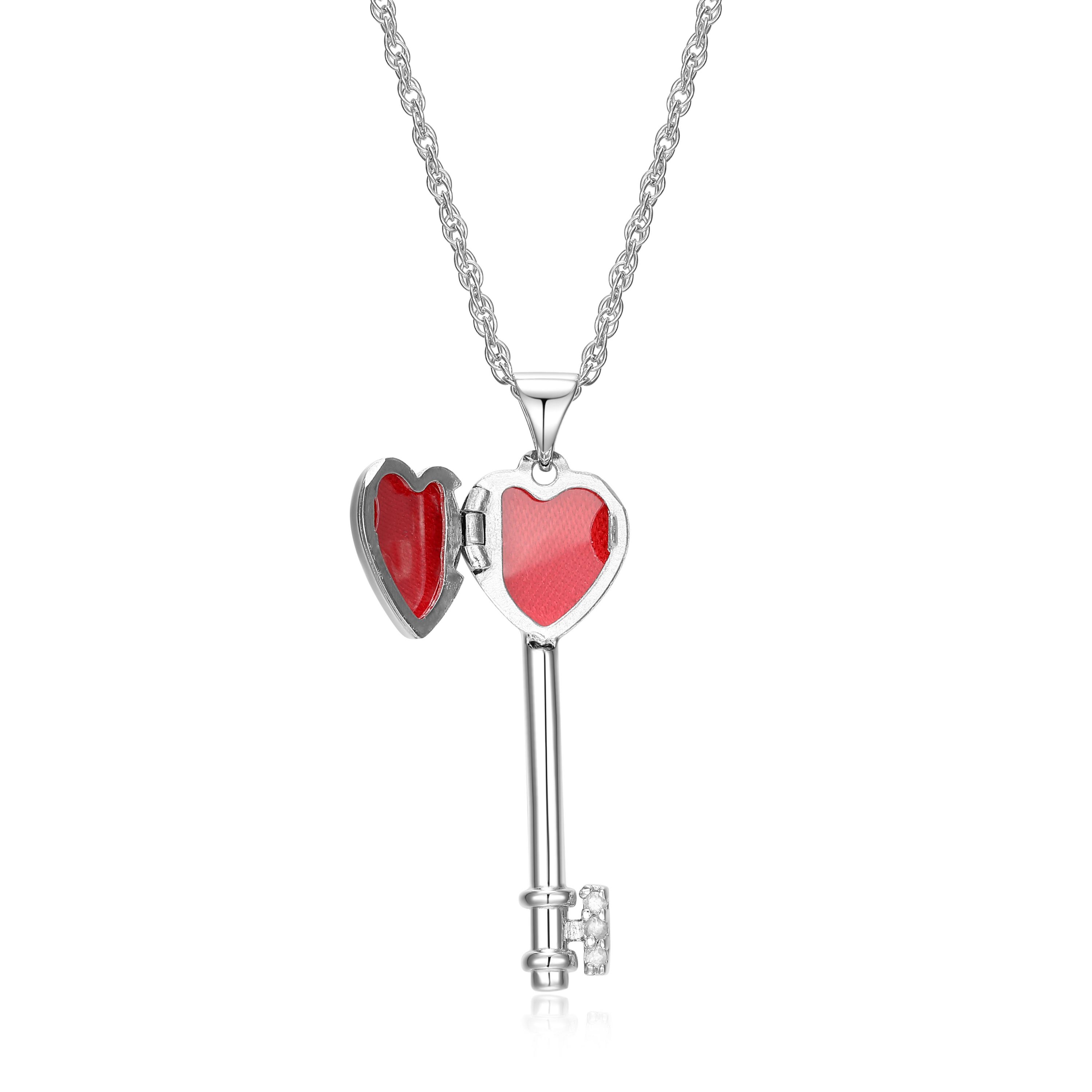 Diamond Accent Heart Key Locket Pendant in Rhodium Plated Sterling Silver with 18" Rope Chain