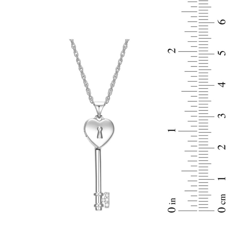 Diamond Accent Heart Key Locket Pendant in Rhodium Plated Sterling Silver with 18" Rope Chain