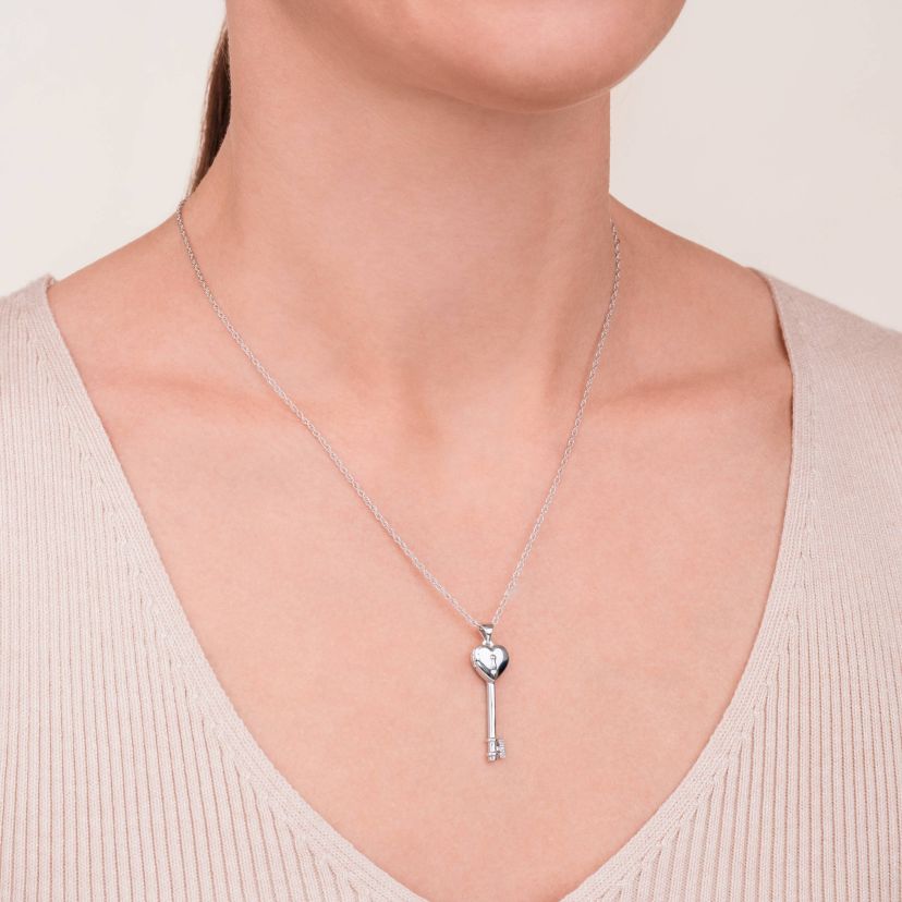 Diamond Accent Heart Key Locket Pendant in Rhodium Plated Sterling Silver with 18" Rope Chain