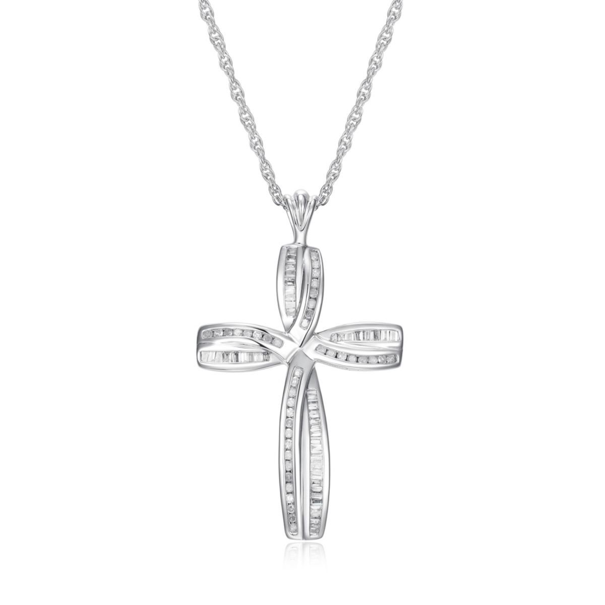 1/2 cttw Diamond Cross Pendant in Rhodium Plated Sterling Silver with 18" Rope Chain