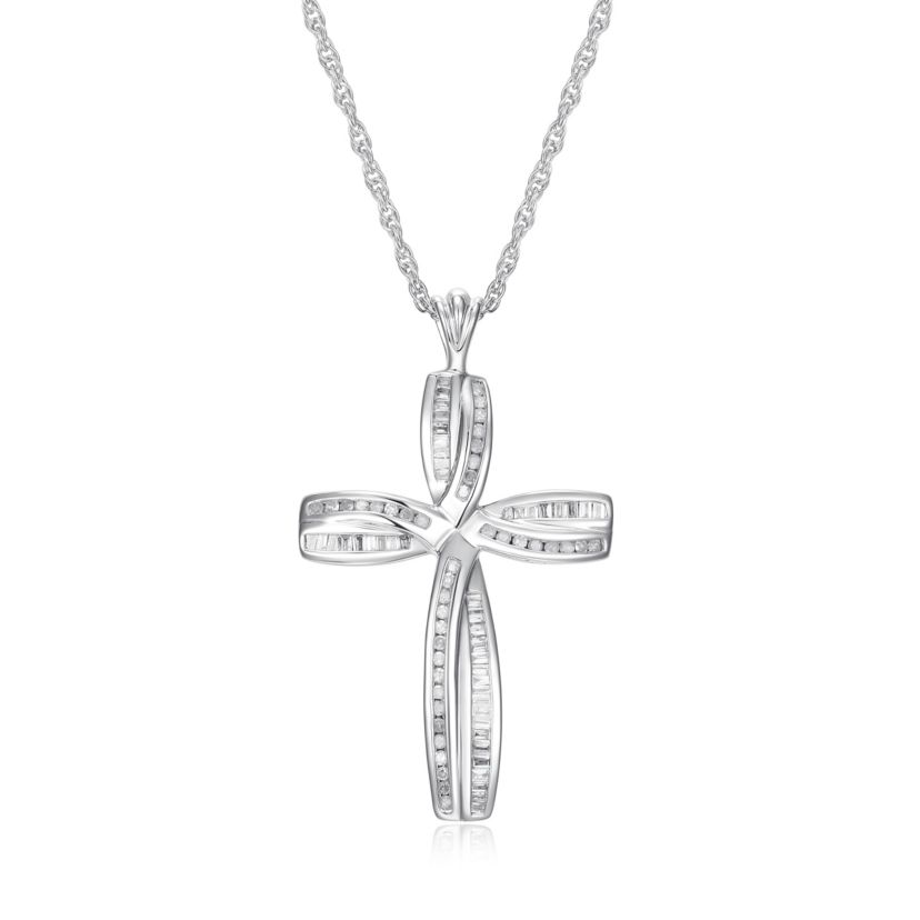 1/2 cttw Diamond Cross Pendant in Rhodium Plated Sterling Silver with 18" Rope Chain