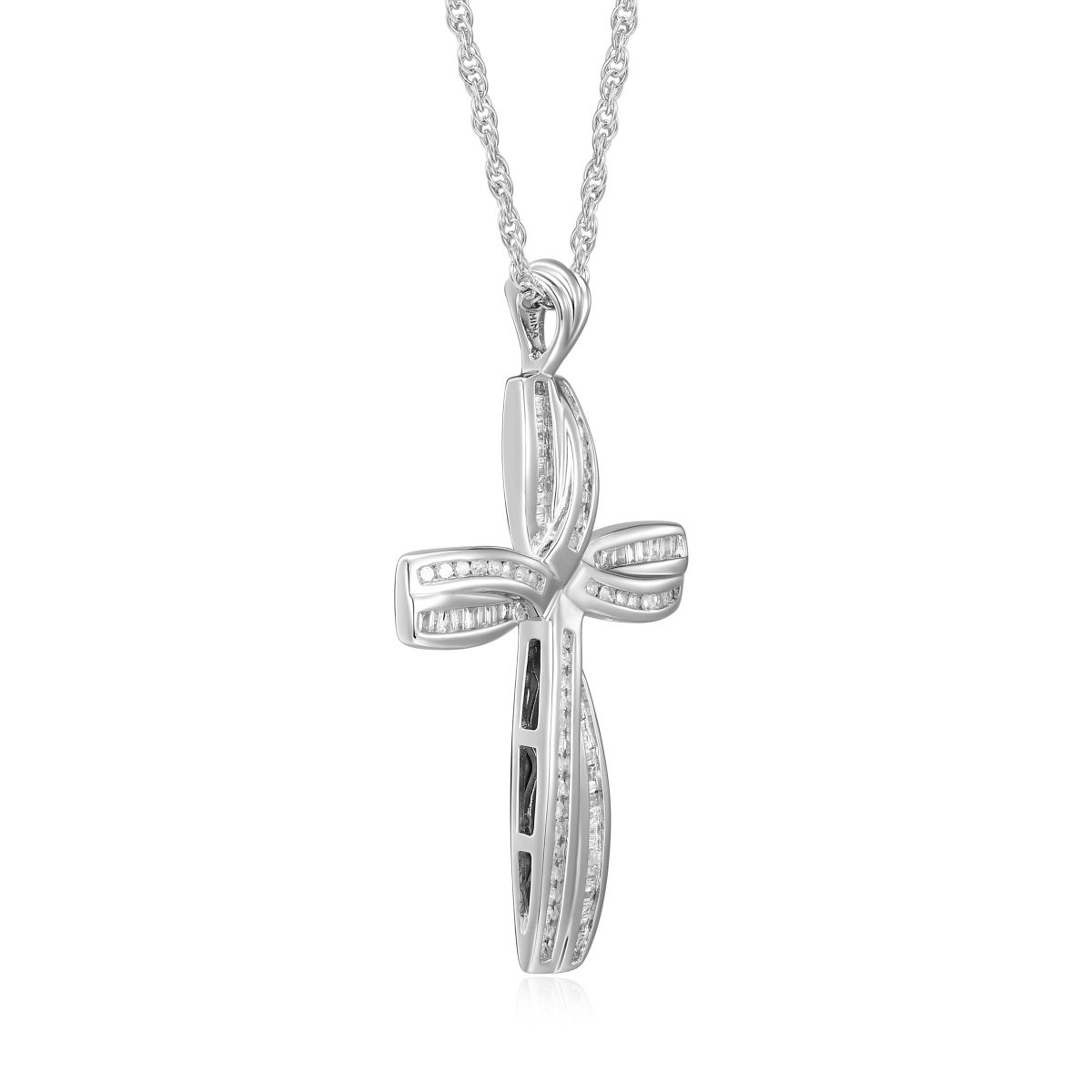 1/2 cttw Diamond Cross Pendant in Rhodium Plated Sterling Silver with 18" Rope Chain