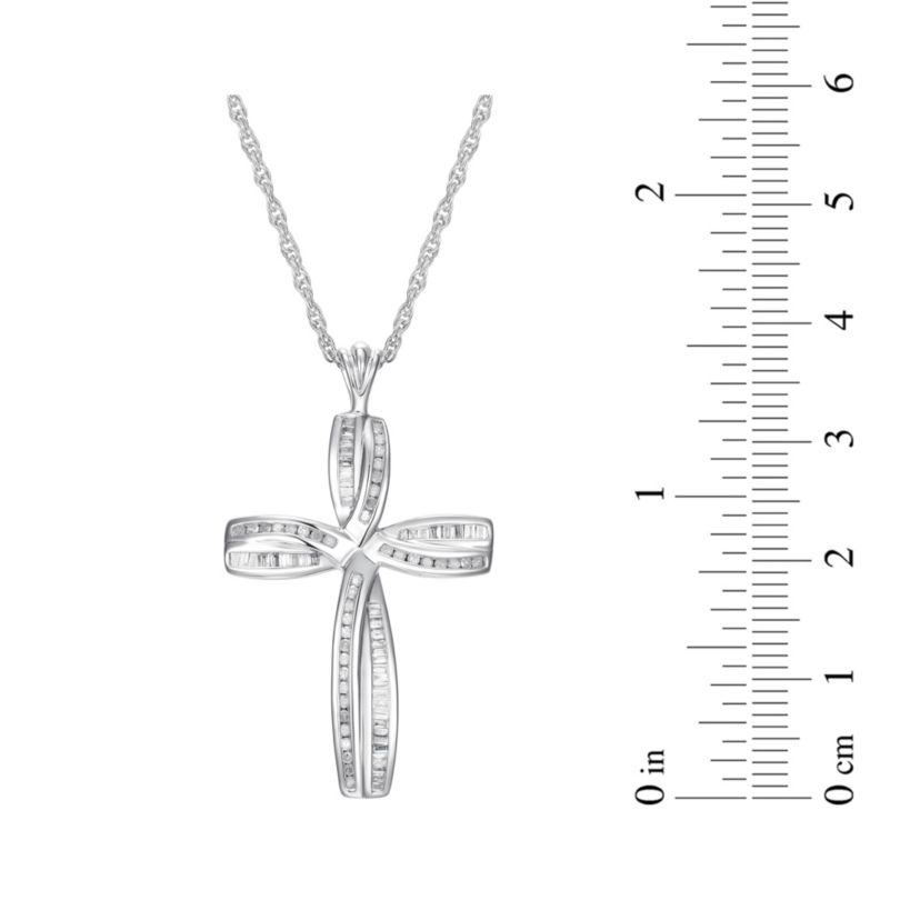 1/2 cttw Diamond Cross Pendant in Rhodium Plated Sterling Silver with 18" Rope Chain