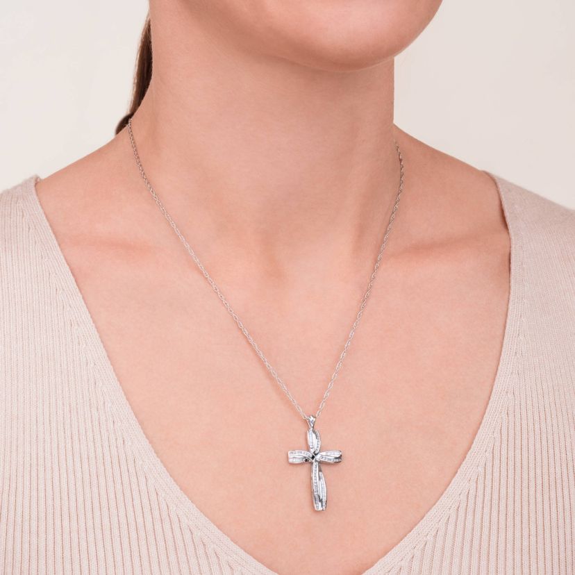 1/2 cttw Diamond Cross Pendant in Rhodium Plated Sterling Silver with 18" Rope Chain