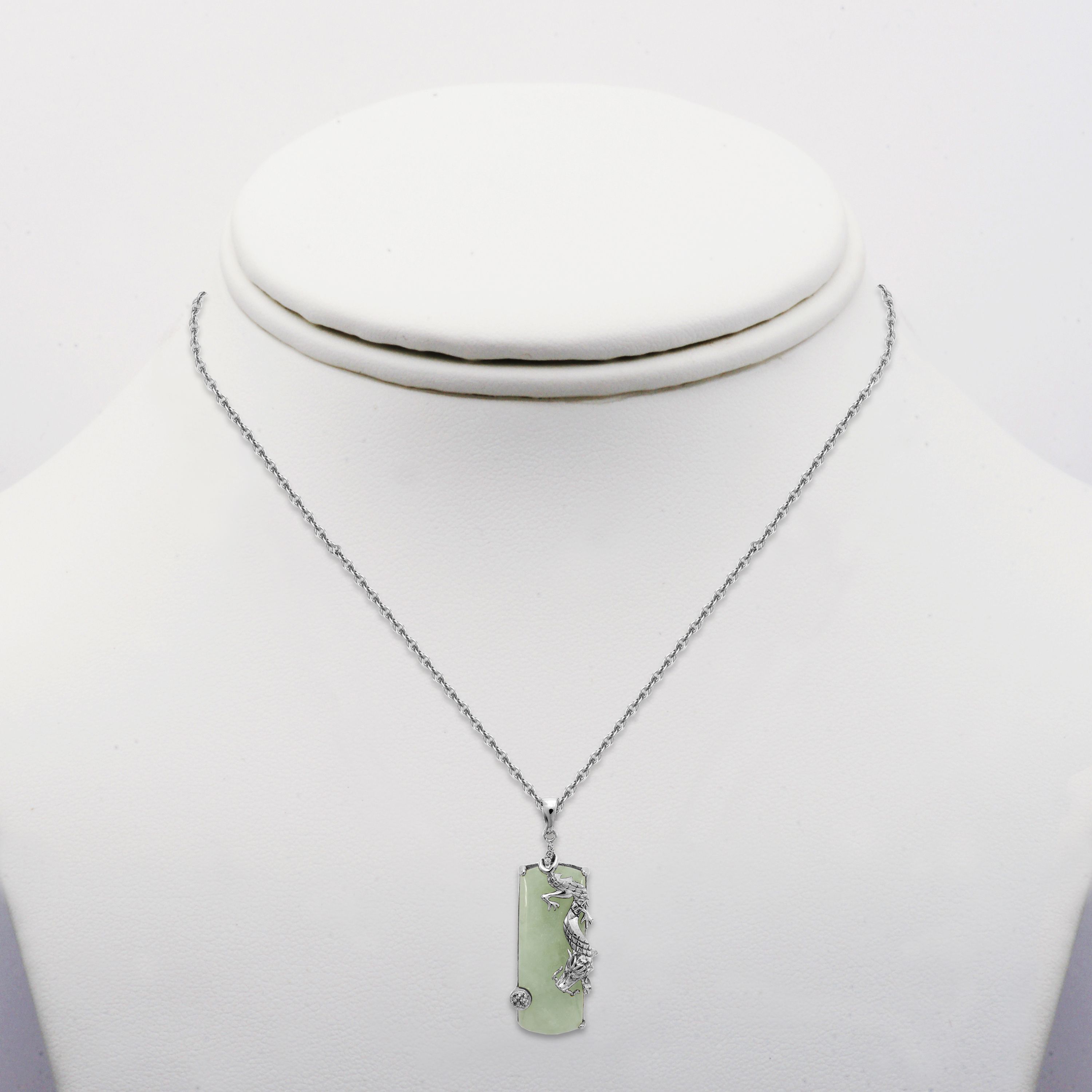 Rhodium Plated-Sterling Silver Genuine Jade and Created White Sapphire Dragon Pendant Necklace