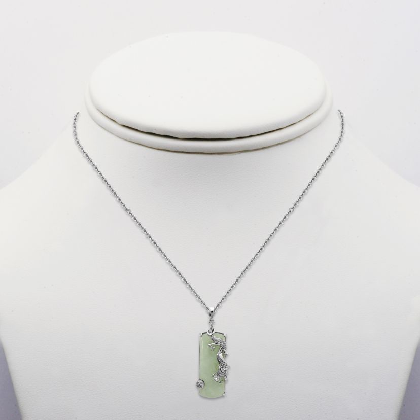 Rhodium Plated-Sterling Silver Genuine Jade and Created White Sapphire Dragon Pendant Necklace