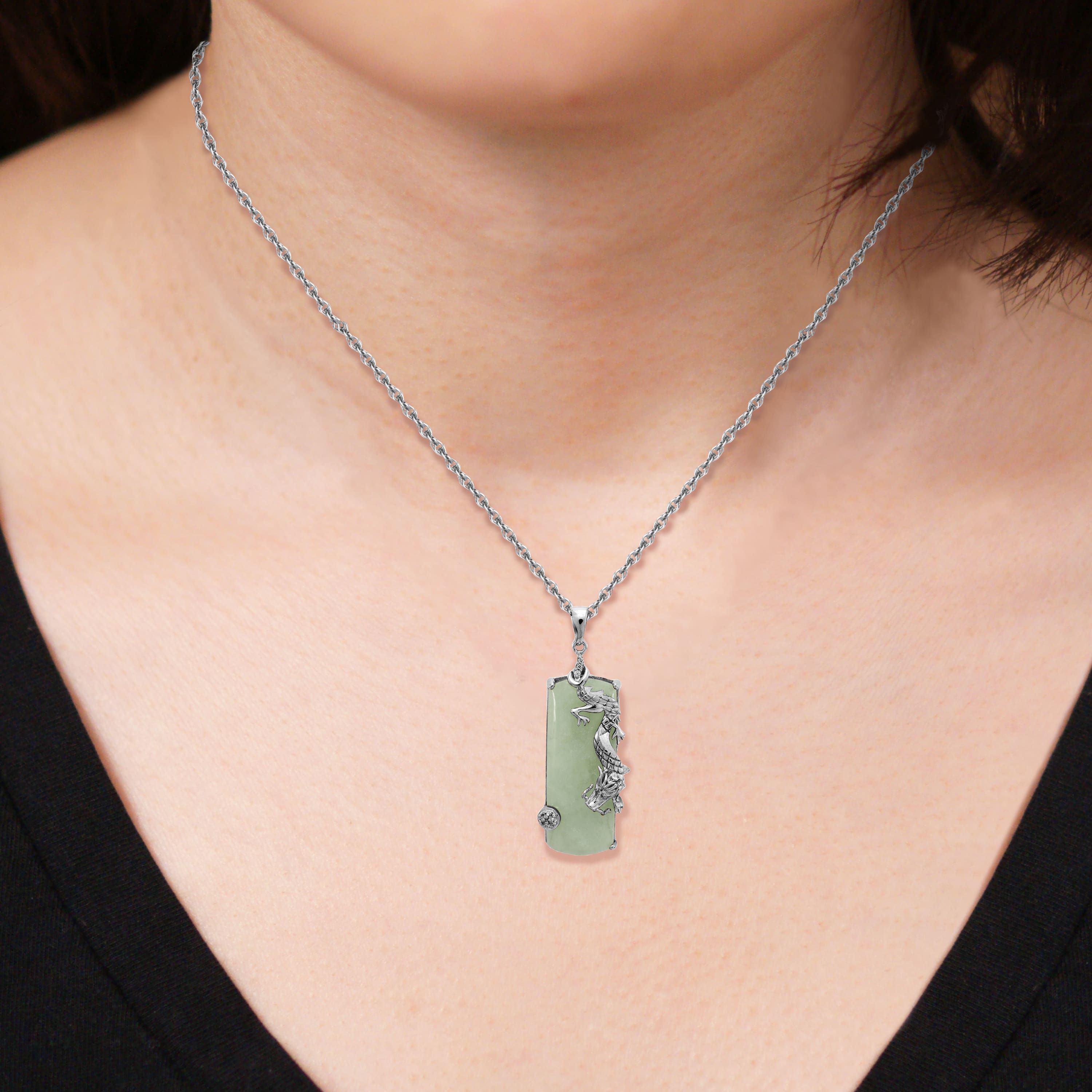 Rhodium Plated-Sterling Silver Genuine Jade and Created White Sapphire Dragon Pendant Necklace