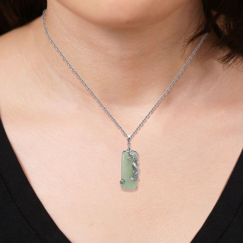 Rhodium Plated-Sterling Silver Genuine Jade and Created White Sapphire Dragon Pendant Necklace
