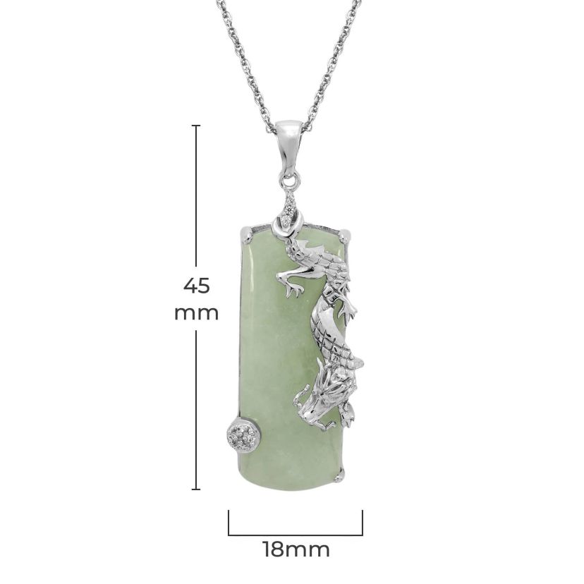 Rhodium Plated-Sterling Silver Genuine Jade and Created White Sapphire Dragon Pendant Necklace