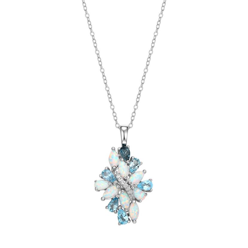 Genuine Blue Topaz and Created White Sapphire Pendant in Rhodium-plated Sterling Silver