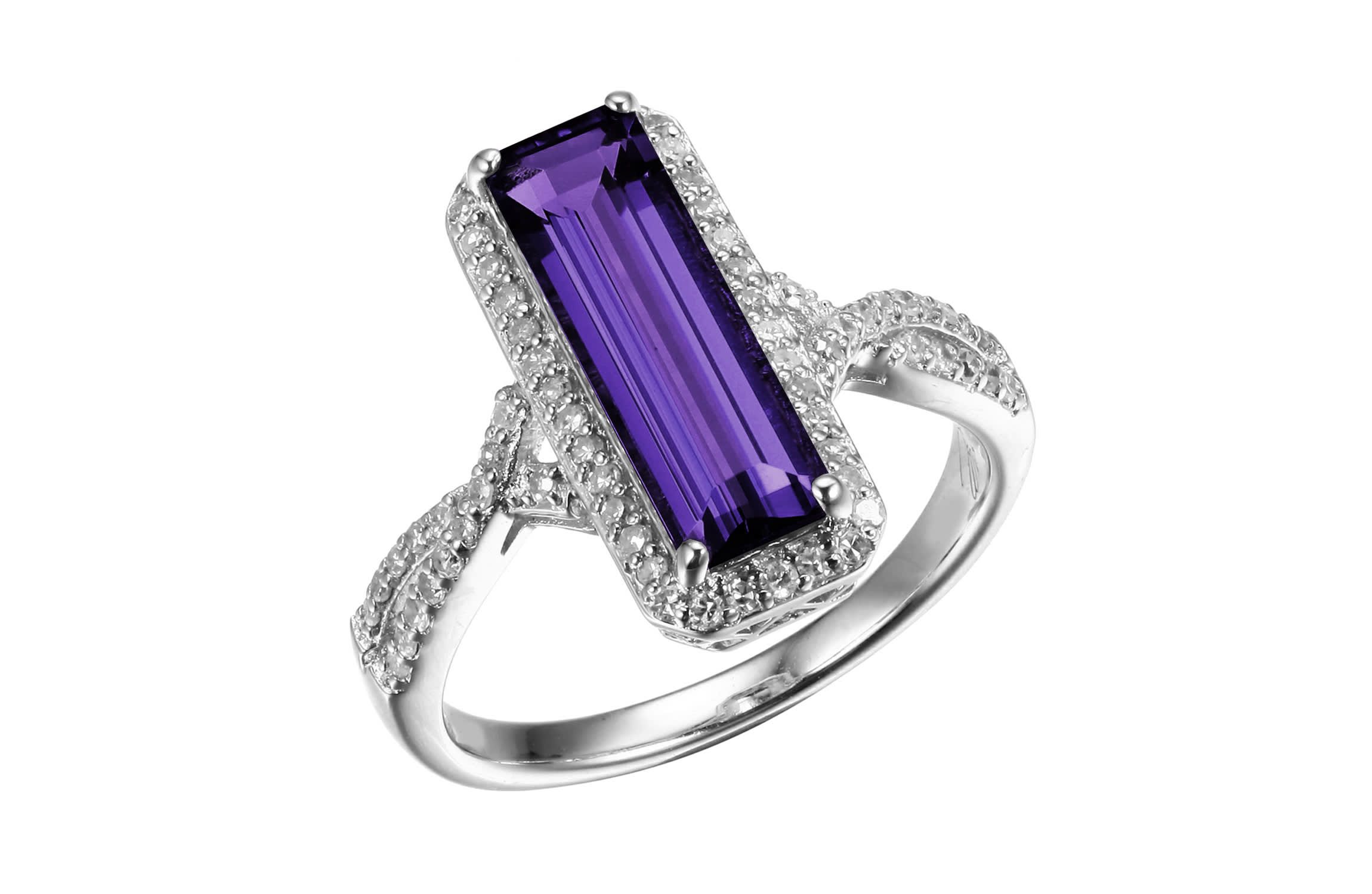 Genuine African Amethyst and Created White Topaz Ring in Rhodium-plated Sterling Silver
