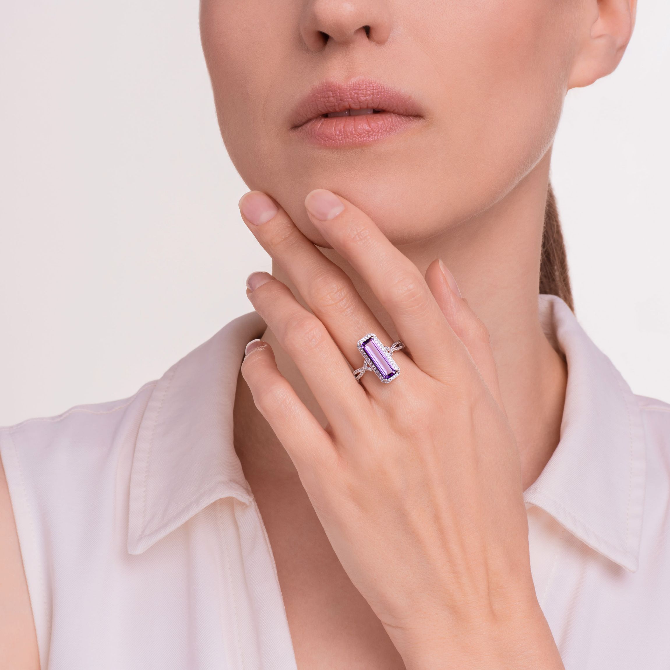 Genuine African Amethyst and Created White Topaz Ring in Rhodium-plated Sterling Silver