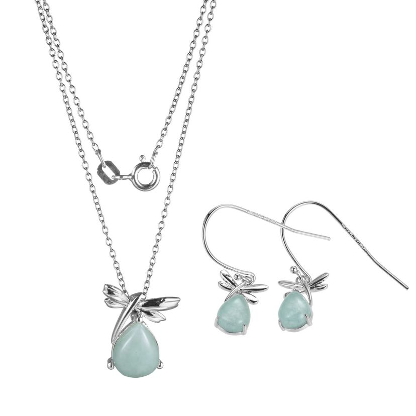 Rhodium Plated Sterling Silver Genuine Green Jade Dragonfly Earring and Pendant Necklace Set