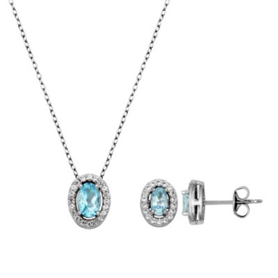 Aurealis Genuine Blue Topaz and Created White Sapphire Halo Necklace and Earring Set in Sterling Silver