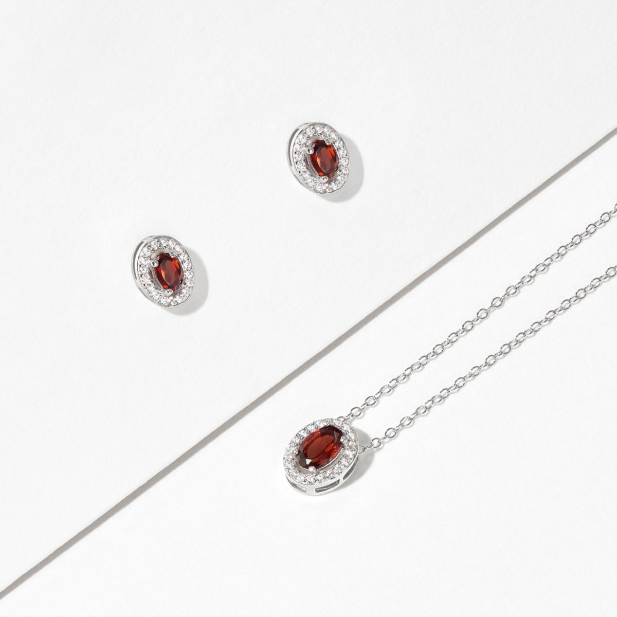 Genuine Garnet and Created White Sapphire Halo Necklace and Earring Set in Sterling Silver