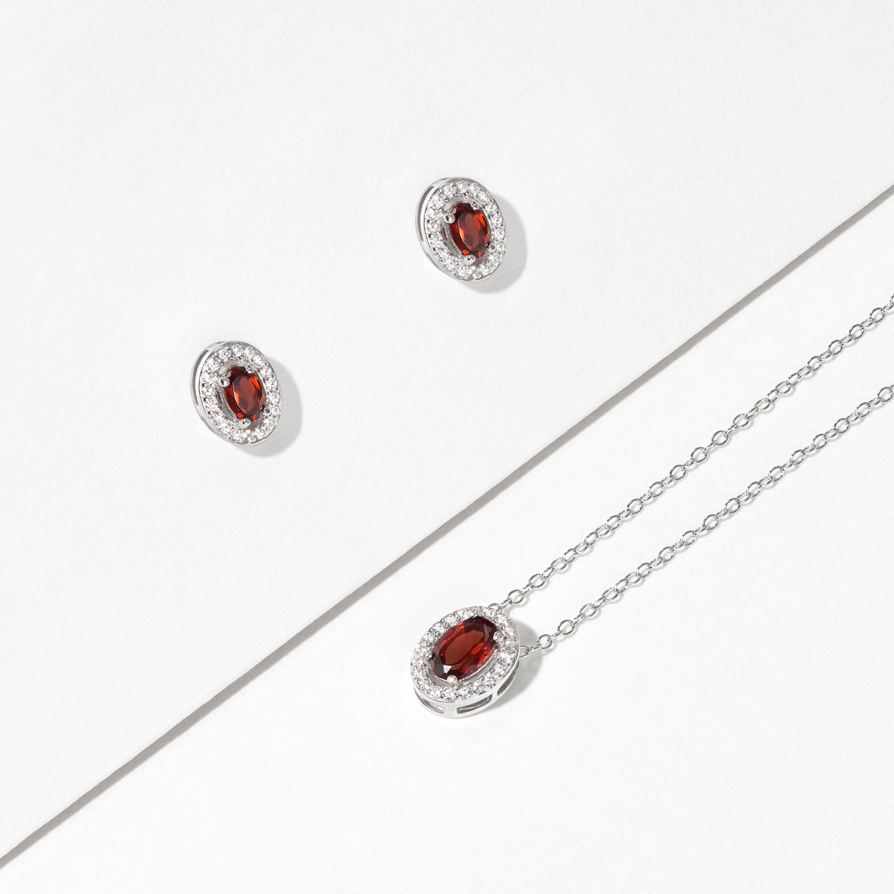 Genuine Garnet and Created White Sapphire Halo Necklace and Earring Set in Sterling Silver